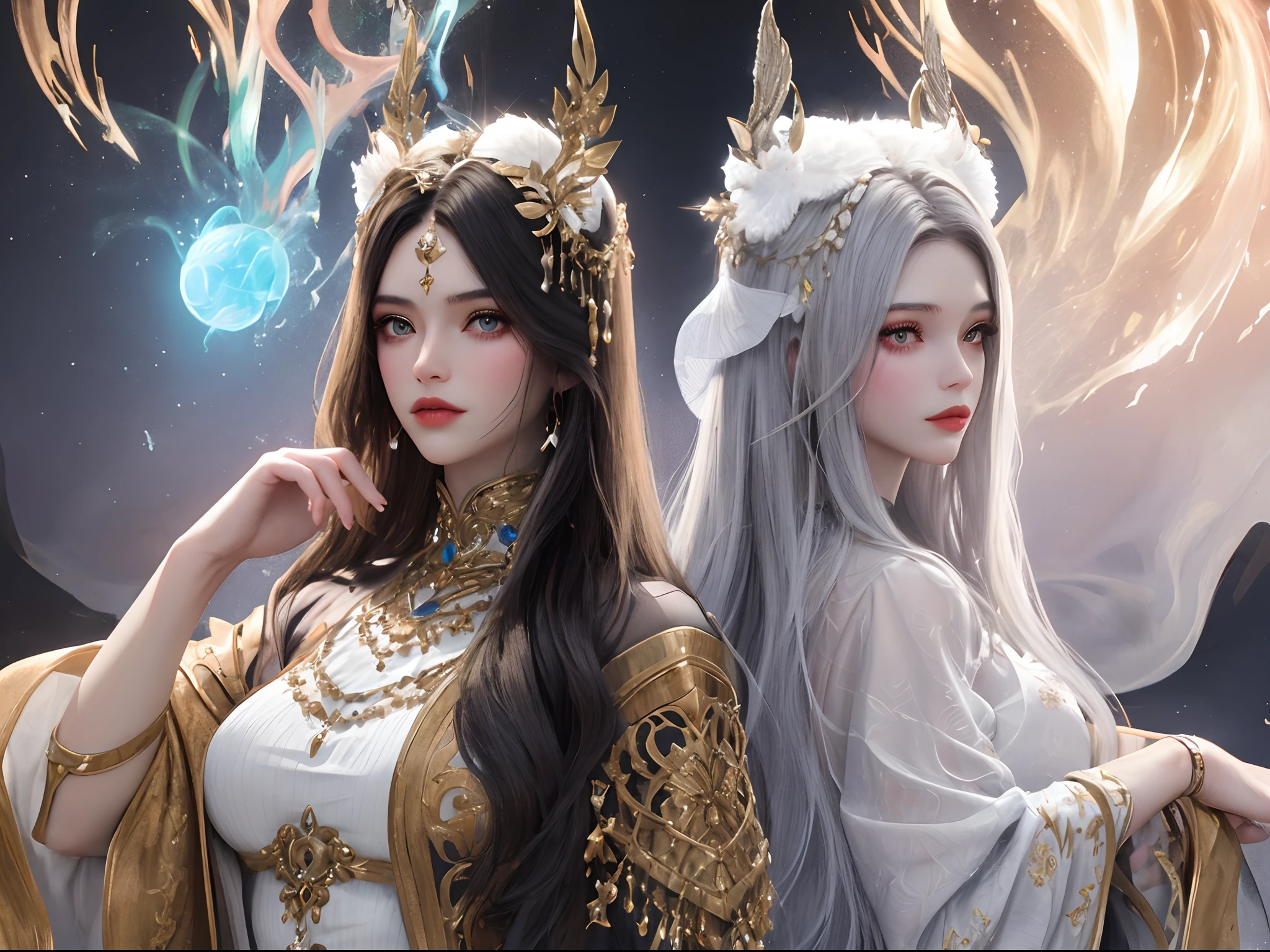 masterpiece, best quality,
2girls, back to back,
young twin girls with contrasting motifs, girl A with white motif symbolizing purity, girl B with black motif representing mystique and power, strong magical abilities despite youthful appearance, determined and powerful poses as guardians of the divine realm, fantastical and majestic divine realm background, light and shadow interplay, mysterious accessories and decorations on their outfits, magical effects and glowing light surrounding them,
detailed skin texture, detailed cloth texture, beautiful detailed face, intricate details, ultra detailed,
