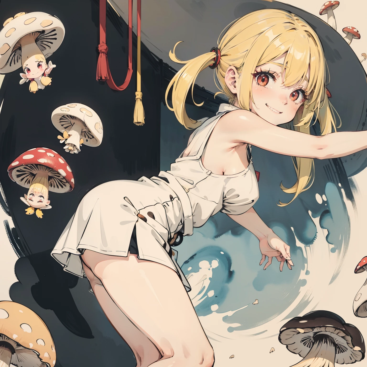 1girll, Yellow hair, Red eyes, dress, (Solo:1.3),Simple drawing, Mushrooms and girls, huge boob, Big smile, Mushrooms + Mushrooms + Mushrooms + Mushrooms + Mushrooms,Red mushrooms,Cyan mushrooms,White mushrooms, Mushrooms grow on the body,From the side Side,Dancing,Watercolor illustration, Perfect anatomy, Masterpiece, Best quality, 1girll, ,elementary student,Nature, landscape