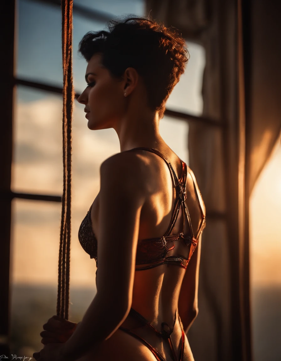 close up, (Backpose), inticate, detailed girl, very short hair, black hair, hourglass body, underwear, intricate straps, (sunset), shoulder, (bdsm), ((ropes)), red scars, harmful, cinematic lighting, ((intricate harness)), ((looking to the left)), photo, photography, depth of field, artistic photo, sexy, (sunbeams through the window), masterpiece, best quality, artstation