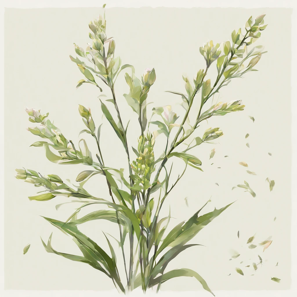 A light February breeze whispers through stems holding cardamom buds, announcing the arrival of spring, masterpiece, best quality white background