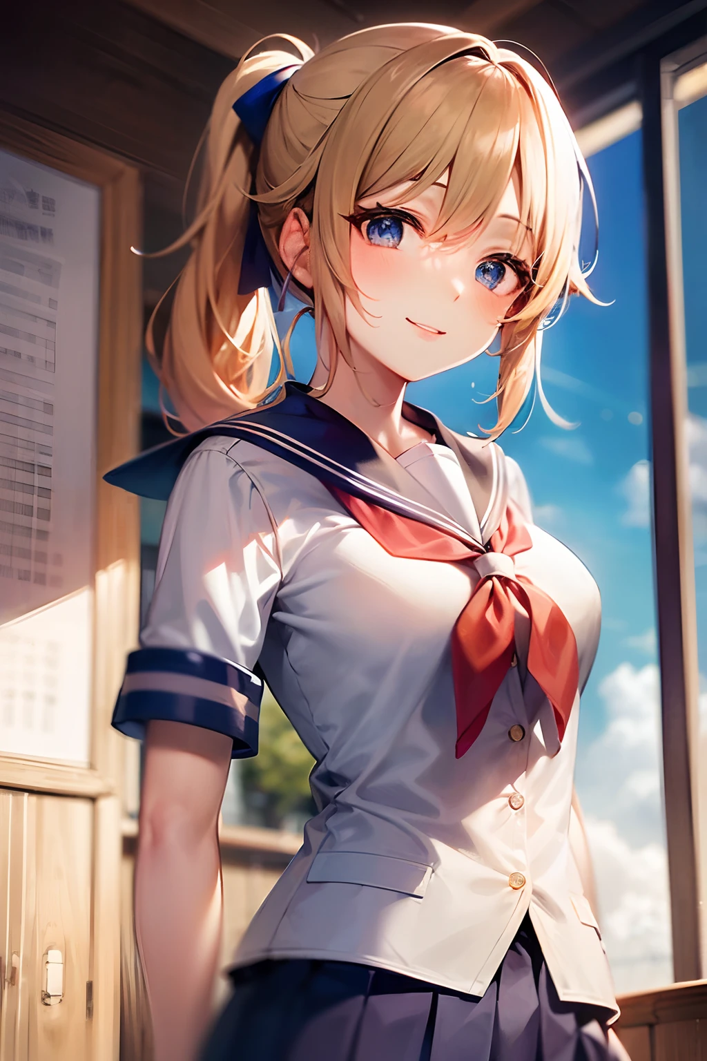 ((high-school uniform:1.5)), ((Kyoto Animation Style)), super precision, masterpiece, very extremely beautiful, Princess Face, shorth hair, Straight hair, a blond, Short ponytail, Blue eyes, Medium chest, a sailor suit, BREAK, Blue pleated skirt, cowboy shot, dynamicposes, Classroom, A smile, Ribbon is orange,