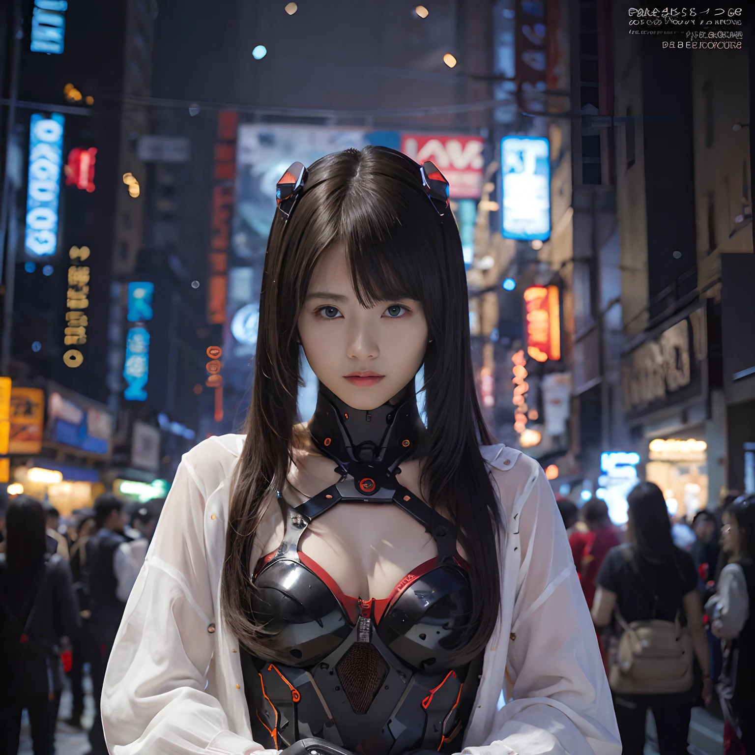 （Part of the skin is a computer）、top-quality、​masterpiece、超A high resolution、(With a futuristic machine gun、holding knive),（Wearing a futuristic hat）、(Photorealsitic:1.4)、Raw photo、女の子1人、Black hair、glowy skin、((1 Mechanical Girl))、((super realistic details))、portlate、（Mystical expression）、explosions、Particles of light、（Small LED lamp）、Wire tubes that glow all over the body、(With state-of-the-art weapons),globalillumination、Shadow、octan render、8K、Armpit、ultrasharp、Colossal tits、Small LED lamp、Raw skin is exposed in cleavage、metals、blood vessels connected to tubes、With weapons、Red bodysuit、Armpit、Cyberpunk city background、Details of complex ornaments、Japan details、highly intricate detail、Realistic light、CGSoation Trends、Blue eyes、radiant eyes、Facing the camera、neon details、（Tattoo numbers on the face）、Mechanical limbs、blood vessels connected to tubes、Mechanical vertebrae attached to the back、mechanical cervical attaching to neck、Wires and cables connecting to the head、Gundam、Small LED lamp、Toostock、Toostock、Futuristic machine gun、Knives、(White Metallic Bodysuit),（Futuristic motorcycle background）、