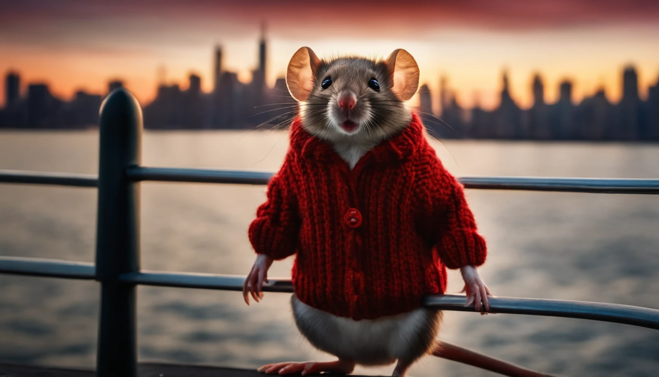 cute mouse in a red sweater standing on the deck of the staten island ferry, new york skyline in background at night, bright city lights