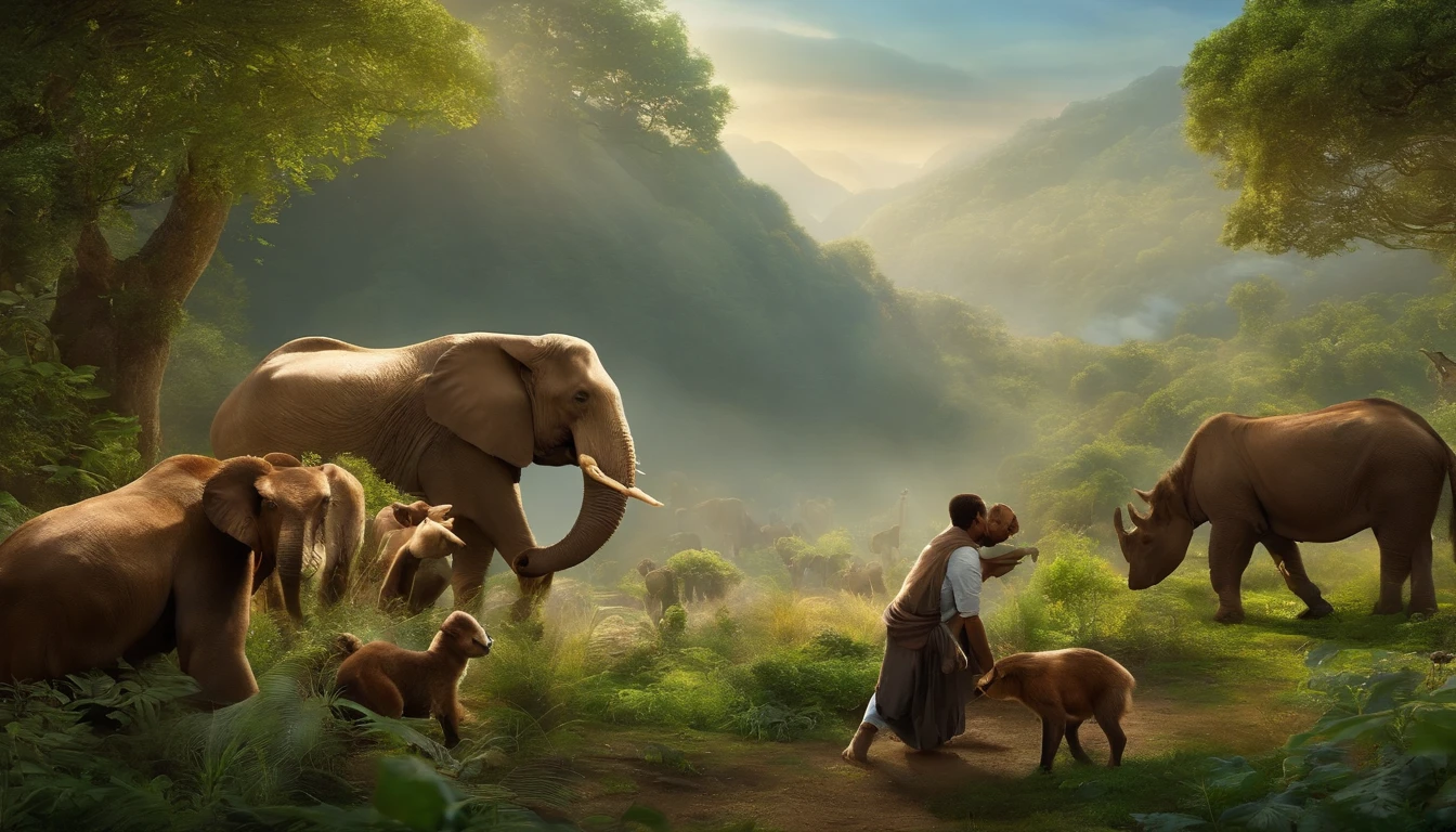 A scene of humans caring for the Earth and animals, symbolizing their God-given responsibility.