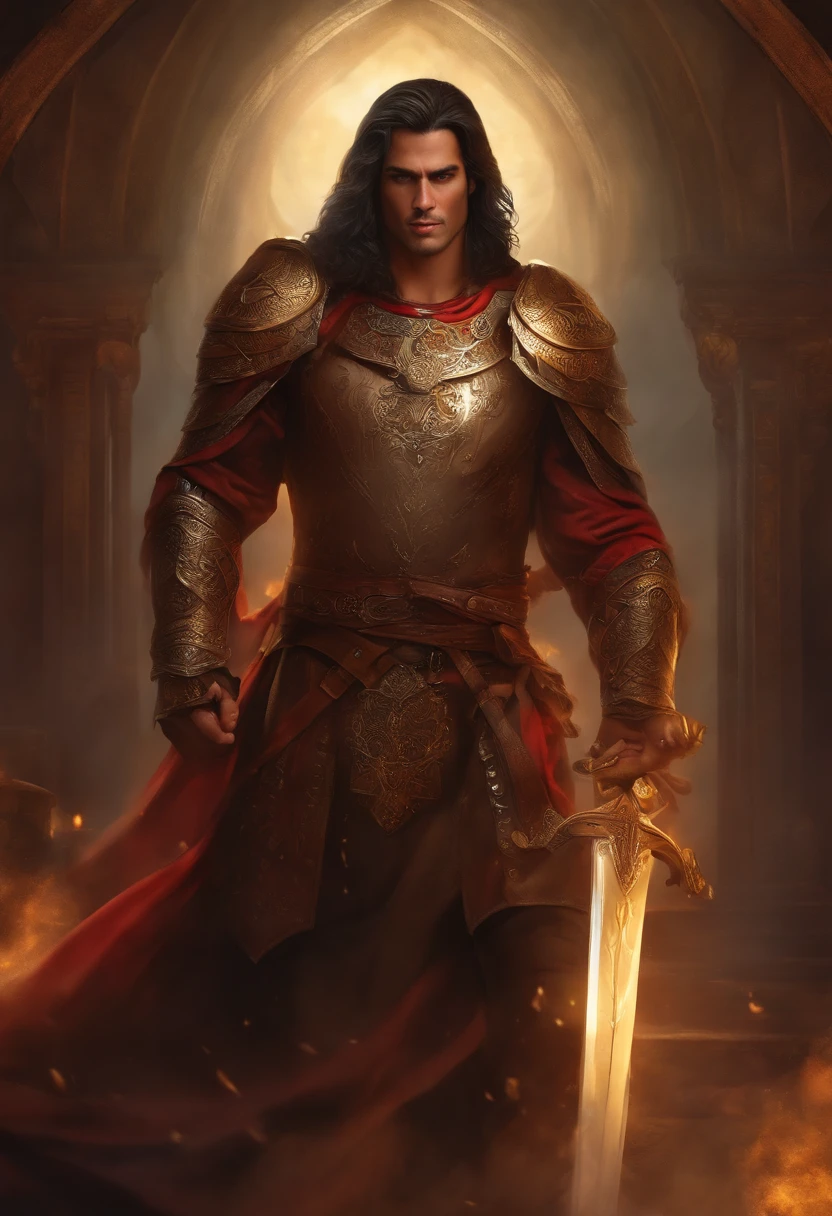 Caballero templario, grimorio, conjurando, sin casco, brown hair, gran musculatura.