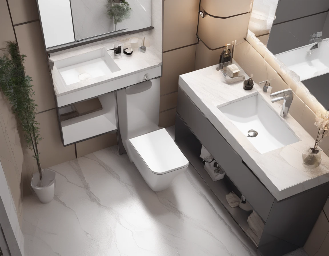 Bathroom with a toilet, sink and a mirror above countertop, countertop made of marble with carved square sink, wall behind countertop is mirror, other walls with beige painting, gray tiling on floor, detailed 3D render, high detailed rendering, 3/4 view realistic, 3d architectural concept