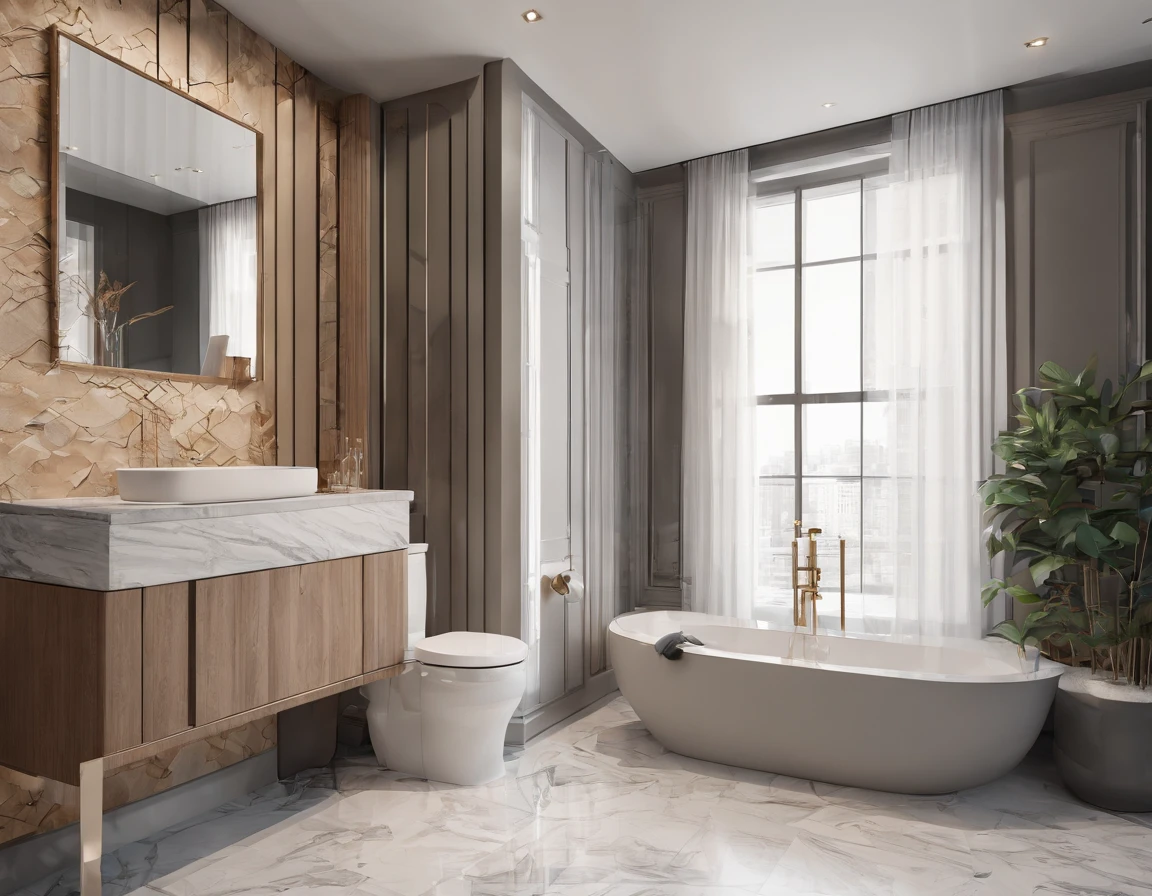 Bathroom with a toilet, sink and a mirror above countertop, countertop made of marble with carved square sink, wall behind countertop is mirror, other walls with beige painting, gray tiling on floor, detailed 3D render, high detailed rendering, 3/4 view realistic, 3d architectural concept