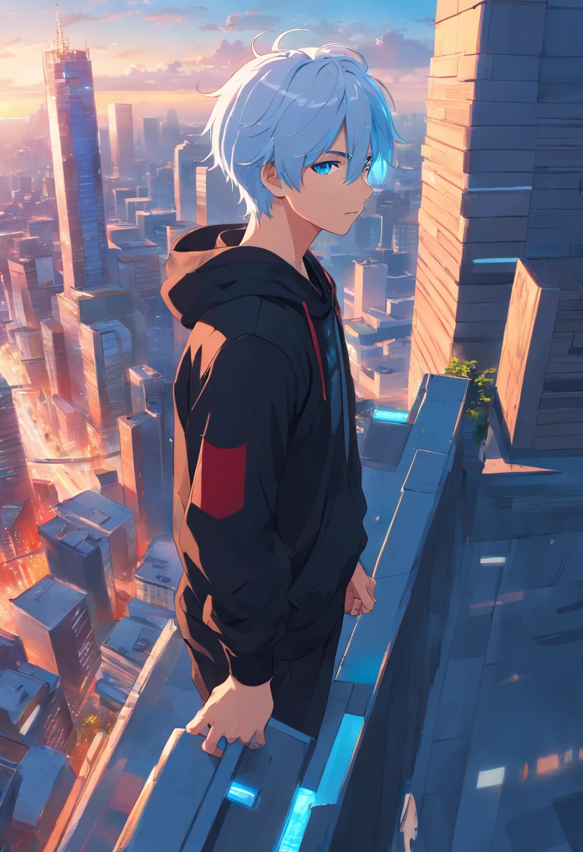 A age man with white hair and light blue eyes in a black outfit on top of a building in his hand a ball of red energy
