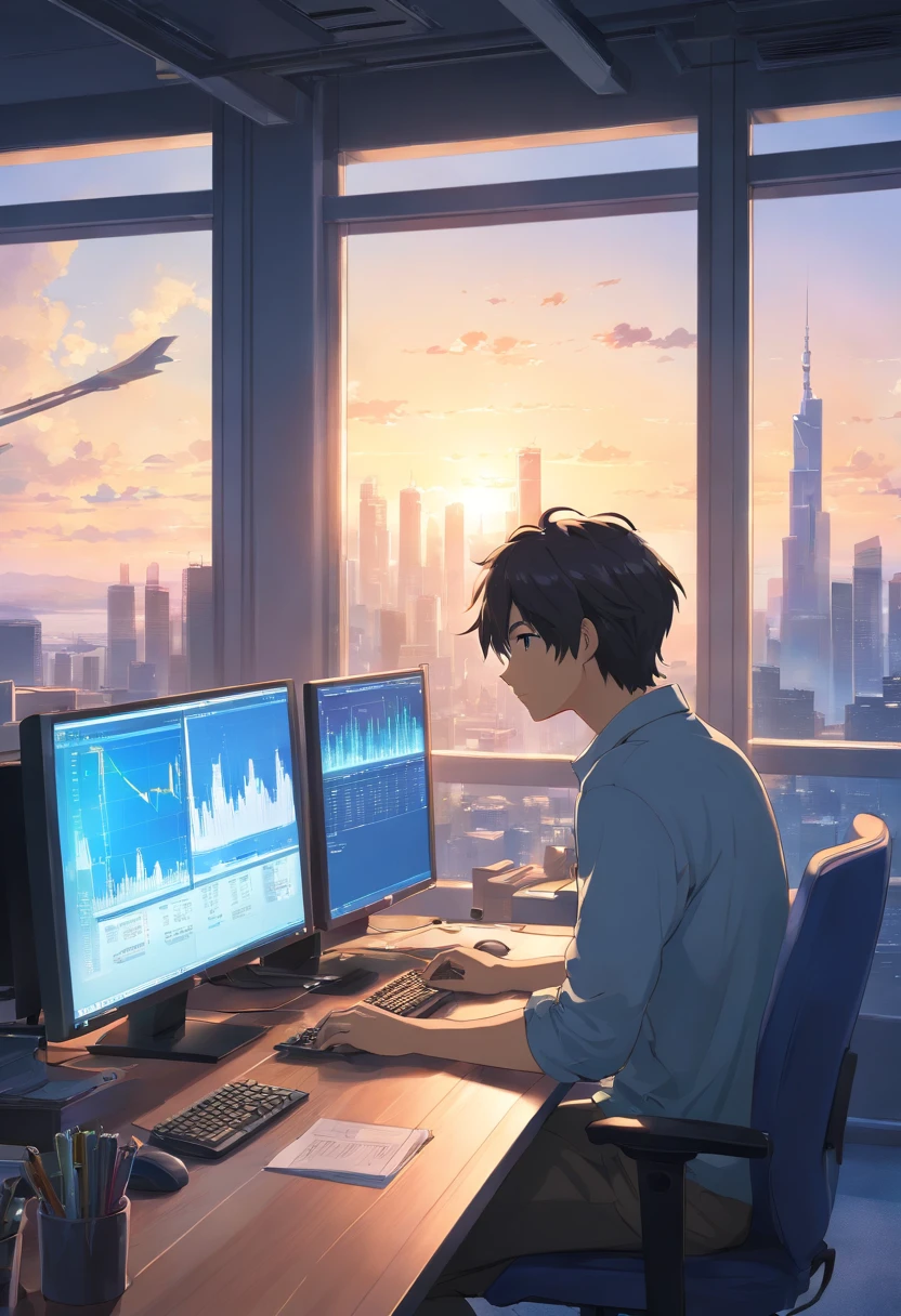 There's a man sitting at a desk with two computer monitors, sentado em um computador, sentado em frente ao computador, olhando para o monitor, displaying stock charts, sentado em uma mesa de computador, na frente de um computador, trading, trading stocks,8k quality, realistic character, galss wall showing skyline views