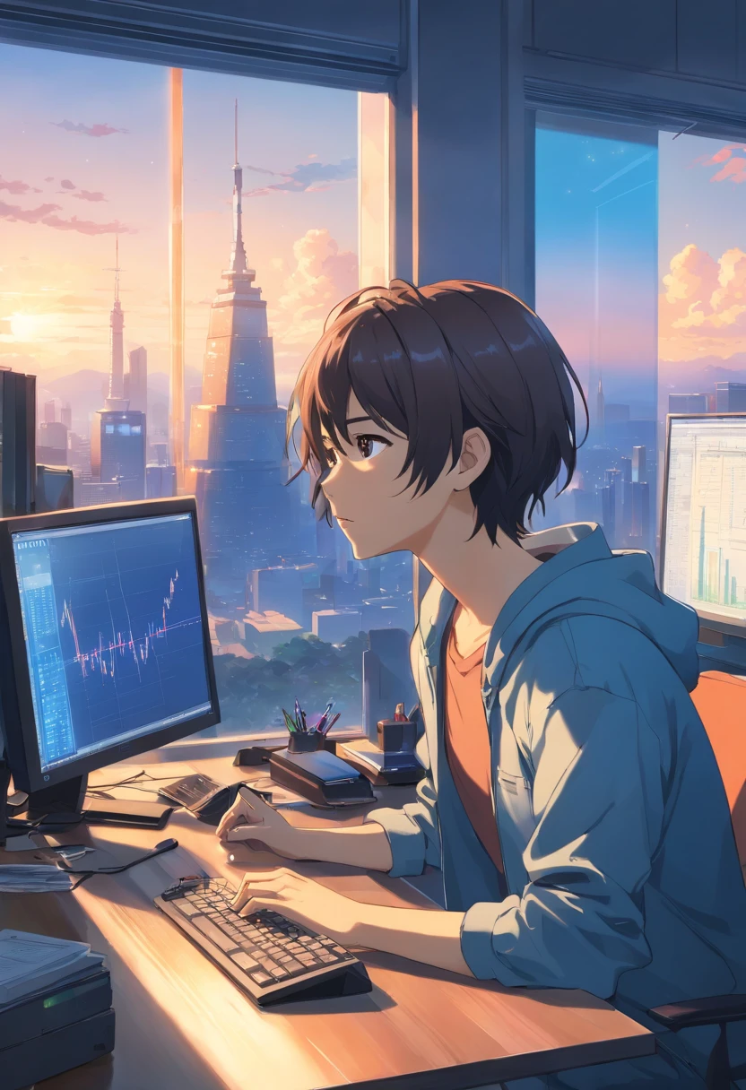 There's a man sitting at a desk with two computer monitors, sentado em um computador, sentado em frente ao computador, olhando para o monitor, displaying stock charts, sentado em uma mesa de computador, na frente de um computador, trading, trading stocks,8k quality, realistic character, galss wall showing skyline views
