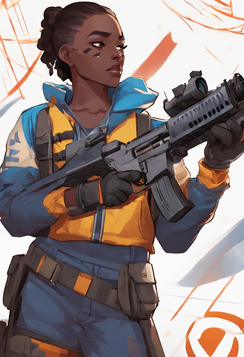 a close up of a dark skin person holding an sniper rifle, a blue and white jacket with the number 49 on the front, red gloves, dark grey pants and selver boots, a hulster which houses a pistol. African American character in Overwatch , dark yellow eyes, buzz cut hairstyle, half body close-up shot, male character, aiming sniper at the viewer, smug smile