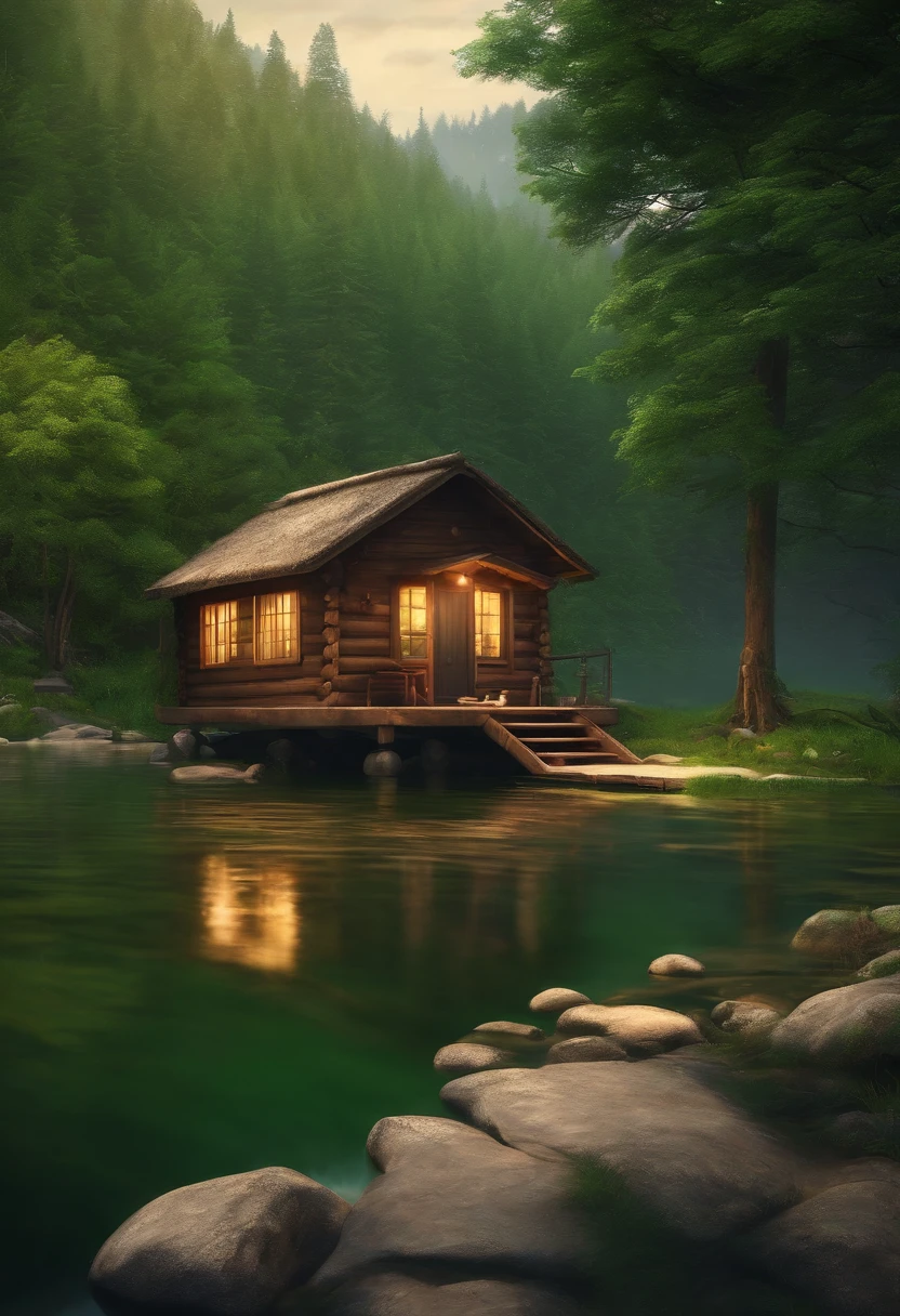 small cabin beside a lake in lush green forest, anime style, vintage