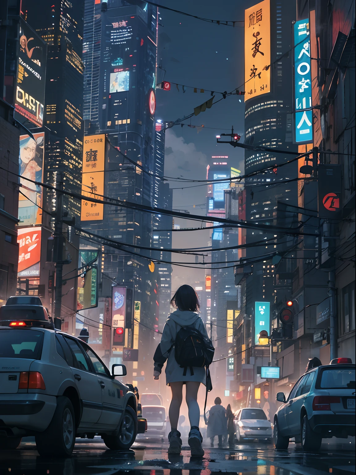 ,um menina de 13 anos、mino cyberpunk、Katanas,Corpo inteiro sangrento、The beginning of the adventure、Muitas nuvens,Heavy fog、starly sky、lua,Chaotic city of the future、Cinematic dystopia、A group of very tall skyscrapers is in the center、Paisagem urbana muito complexa,Crowded Chinese skyscrapers、Placas de rua、street lighting、taxis、Autocarros、Trem、Very dim lighting、estrada escura、puddles、caothic、Beautiful and fantastic landscapes、Cinematic setting、alta qualidade、masutepiece,em 8K、alta resolução、