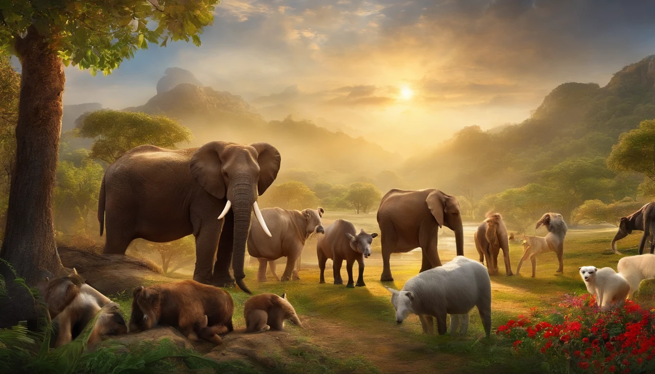 A scene of humans caring for the Earth and animals, symbolizing their God-given responsibility.