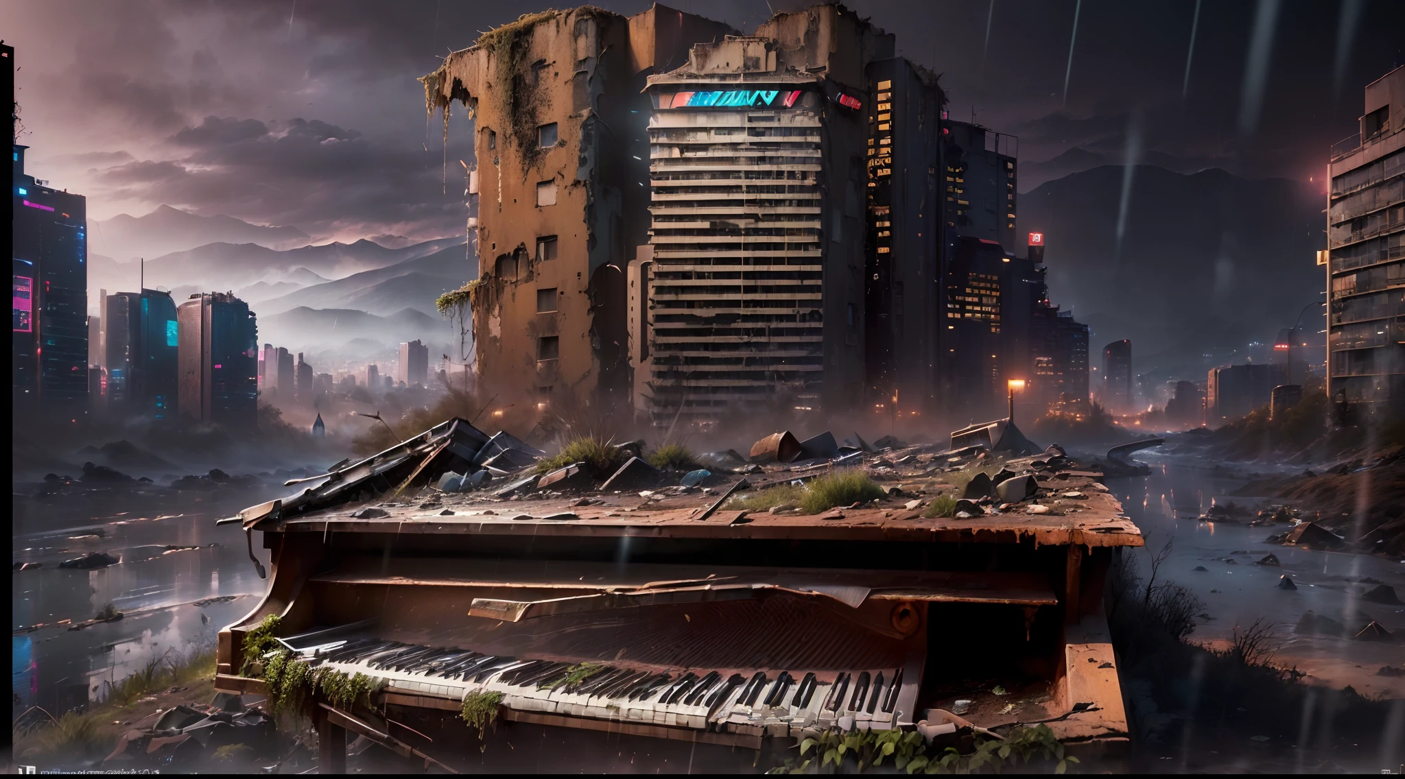 (((Artistic Image, metade da imagem com (Cena surreal com um piano de cauda em meio a paredes desmoronadas, Piano de cauda com telhado), metade da imagem com ((Opening to an abandoned nighttime metropolis with skyscraper in the rain), ((Chove na cidade):1.5), (deteriorated skyscraper), ( Skyscraper with silt), ( Skyscraper with rust),  ((Antecedentes com o DEPH):1.5), A dreamlike atmosphere is created by softly lit architectural details, The piano is a symbol of timeless beauty in the midst of decadence, Pintura Digital com Elementos do Impressionismo, High detail, tiro grande angular, Adding a dash of mystery to the composition))), (Rastreamento de caminho), (Cyberpunk), (Post apocalyptic), 16k, UHD, max quality, Max Resolution, ultrarrealista |, ultra-detalhado