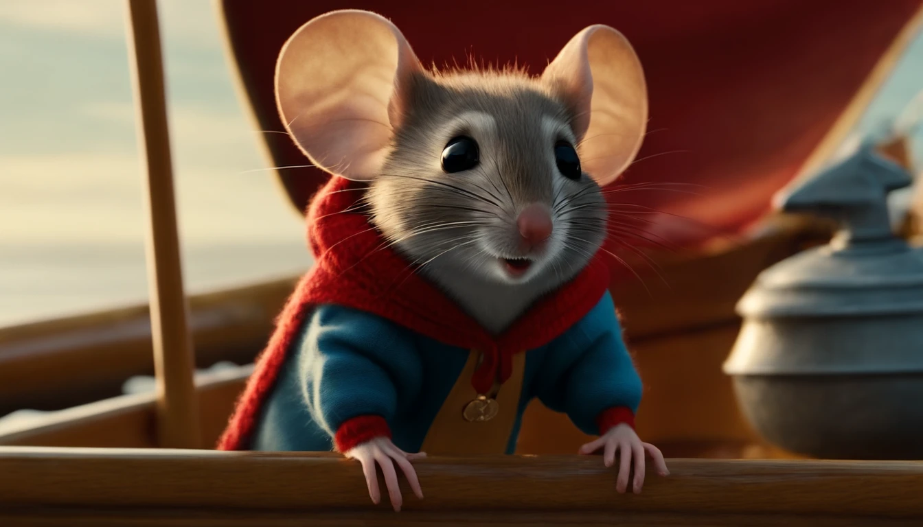 mouse red sweater, sitting on deck of boat, a mouse dressed as mighty mouse stands over him.
