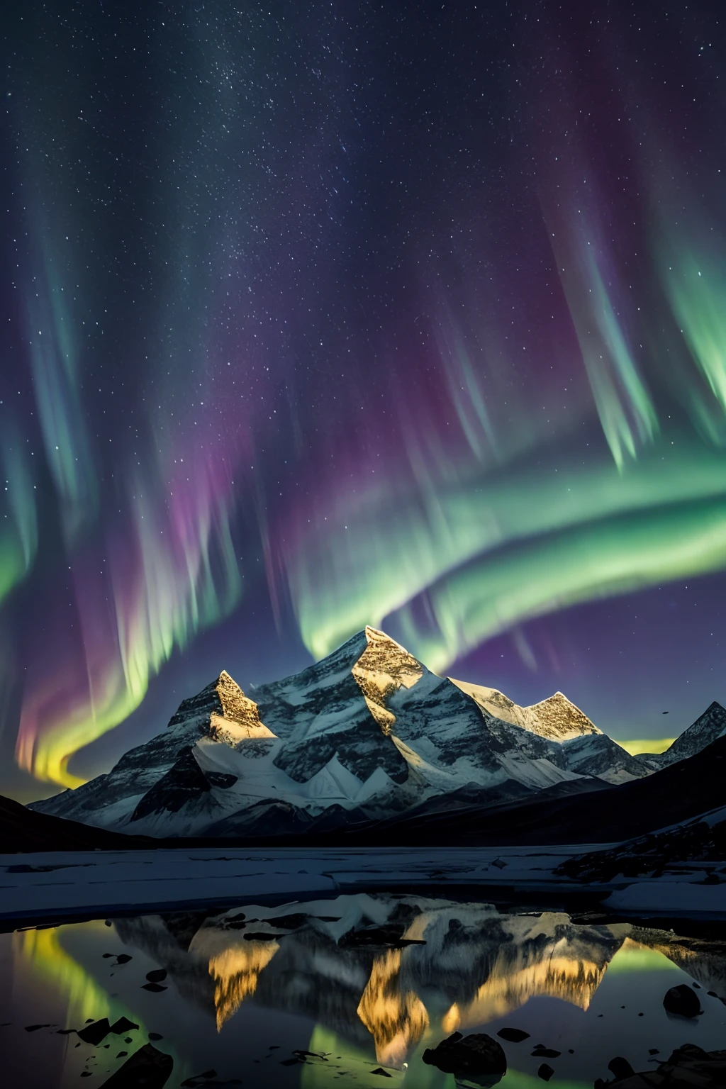 Beautiful northern lights over Everest mountain, reflective light, nostalgic light, award winning photography, photorealistic, soft pastel colours, highly detailed, intricate, path tracing, illustration, insanely detailed, shadow mapping volumetric light, specular lighting