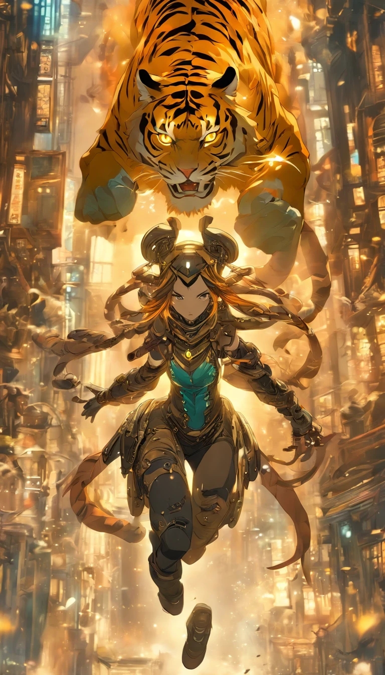 Chinese ink style,Steampunk world,Tiger-shaped steampunk warframe girl,Jet steam is suspended in the city air,Ink animation art,Ink comic art,water ink,ink,Smudge,8K,Delicately portrayed,Works of masters