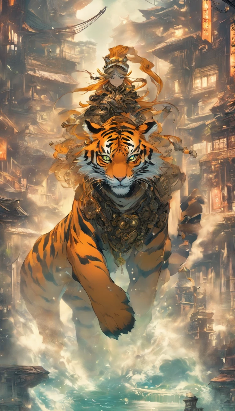 Chinese ink style，Steampunk world，Tiger-shaped steampunk warframe girl，Jet steam is suspended in the city air，Ink animation art，Ink comic art，water ink，ink，Smudge，8K，Delicately portrayed，Works of masters