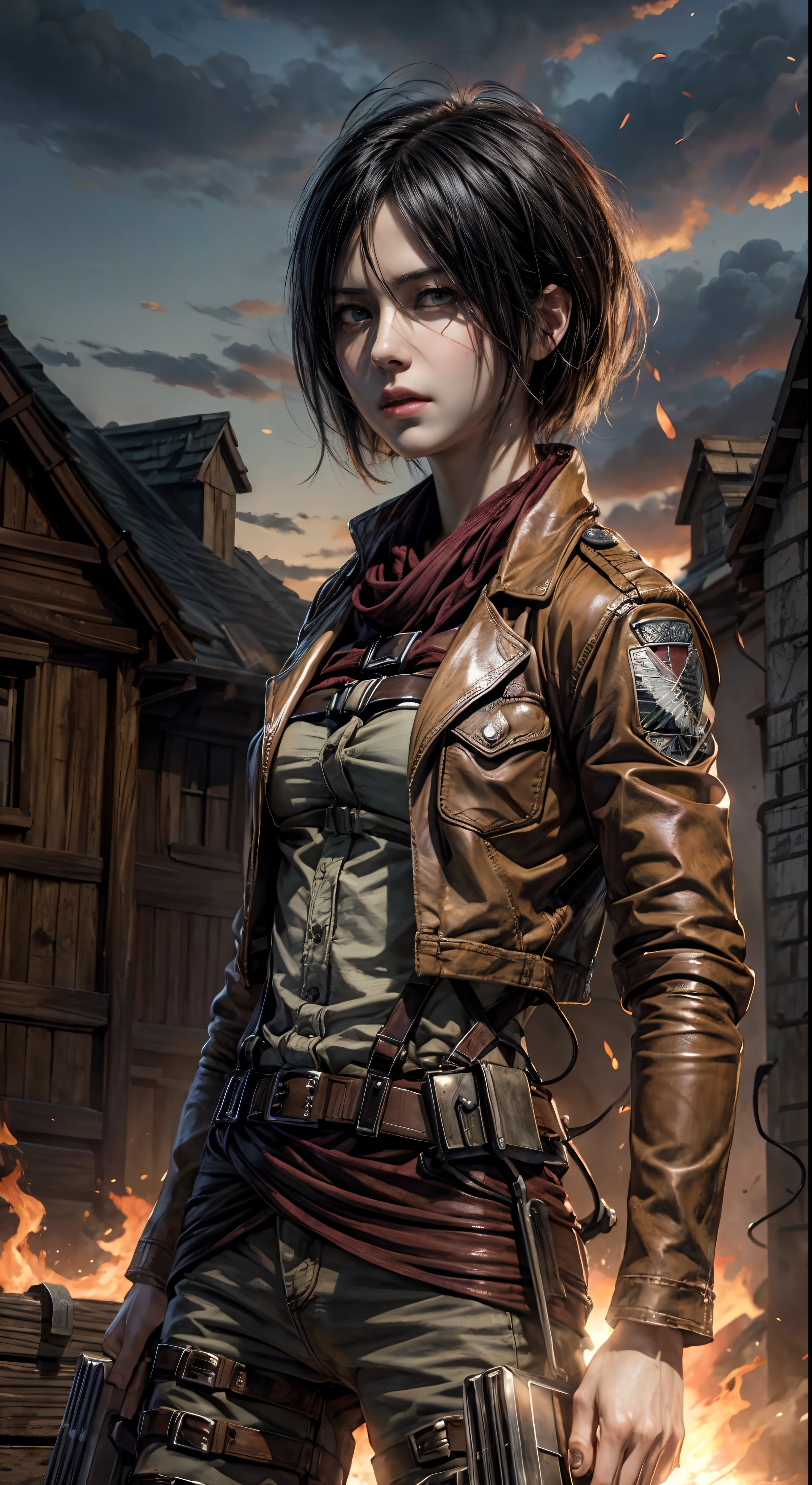 (masterpiece), (hyper realistic), Attack on Titan, Mikasa Ackerman, dinamic lighting, fire flare