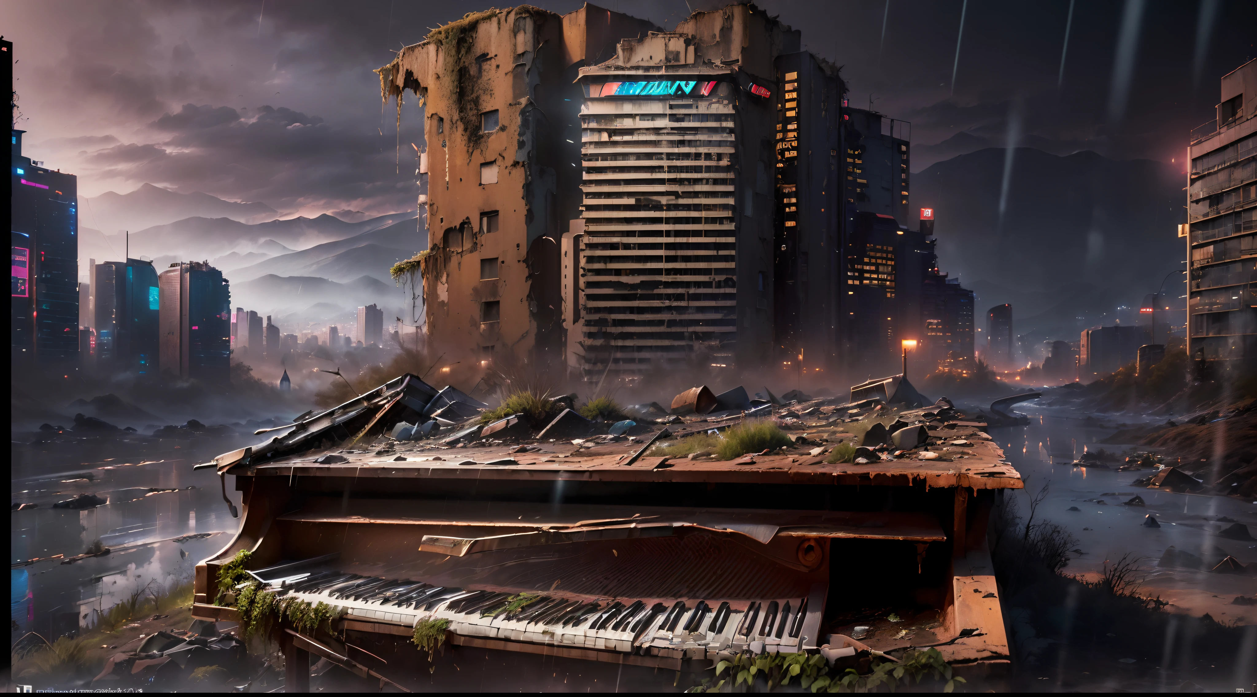 (((Artistic Image, metade da imagem com (Cena surreal com um piano de cauda em meio a paredes desmoronadas, Piano de cauda com telhado), metade da imagem com ((Opening to an abandoned nighttime metropolis with skyscraper in the rain), ((Chove na cidade):1.5), (deteriorated skyscraper), ( Skyscraper with silt), ( Skyscraper with rust), ((Antecedentes com o DEPH):1.5), A dreamlike atmosphere is created by softly lit architectural details, The piano is a symbol of timeless beauty in the midst of decadence, Pintura Digital com Elementos do Impressionismo, High detail, tiro grande angular, Adding a dash of mystery to the composition))), (Rastreamento de caminho), (Cyberpunk), (Post apocalyptic), 16k, UHD, max quality, Max Resolution, ultrarrealista |, ultra-detalhado
