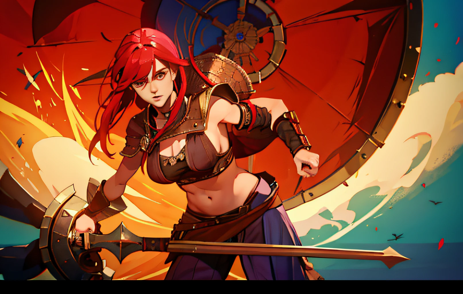 uma mulher de cabelos vermelhos, roupas de viking, has in his left hand has an axe, corpo