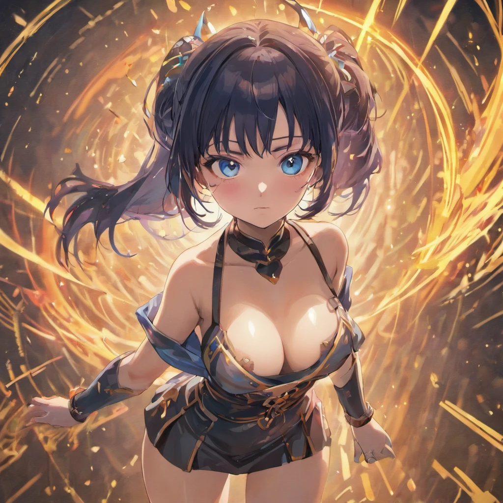 (best quality,4k,8k,highres,masterpiece:1.2),ultra-detailed,realistic,physically-based rendering,portrait,nico robin,black hair,blue eyes,big breasts,dark wide pupils,hoop earrings,heart-shaped pupils,thighhighs,pov from above,vivid colors,sharp focus,HDR,studio lighting