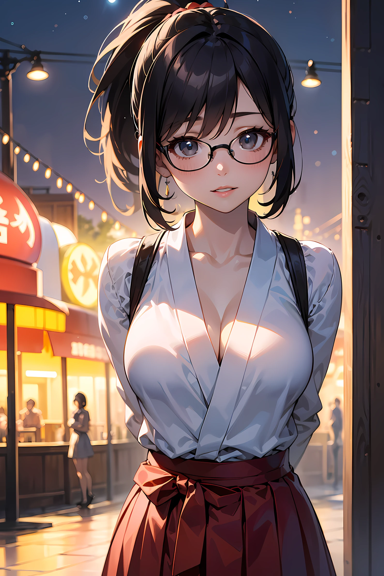 high resolution, Photo of a beautiful woman detailed_face, young handsome girl,realistic:0.5, perfect skin, (wearing a glasses:1.5), (ultra-detailed background, detailed background), bokeh, make happy expressions, happy emotion, gorgeous,pure, beautyfull detailed face and eyes,breasts, (black eyes:1.1), (a extremely pretty and beautiful Japanese woman), (sexy girl), (professional attire:1.3), (22 years old: 1.1), BREAK, (miko outfit:1.2), (Japanese clothes:1.2), (white dogi:1.2), (red hakama:1.2), (leather boots))), cleavage, beautiful detailed skin, (cute:1.2), (blonde hair), ((jpop idol)), (upper thigh:0.6), (depth of field),soft light, Lens Glow looking at viewer, (Drooping eyes:1.2), straight teeth,smile, floating hair, (blond hair:1.2), brown eyes BREAK scene, cinematic, full colors, 4k, 8k, 16k, RAW photo, masterpiece, professionally color graded, professional photography, high school girl, hair up, , soft clean focus, realistic lighting and shading, (an extremely delicate and beautiful art)1.3, elegant,active angle,dynamism pose BREAK (ponytail:1.3), (shiny-black thin hair:1.2), bangs, dark brown eyes, beautiful eyes, princess eyes, (big eyes:1.3), bangs, wearing a glasses:1.3, Hair between eyes, short hair:1.3, (slender:1.1), (medium-breasts:0.95), (thin waist: 1.15), (detailed beautiful girl: 1.4), Parted lips, Red lips, full-make-up face, (shiny skin), ((Perfect Female Body)), (upper body image:1.3), Perfect Anatomy, Perfect Proportions, (most beautiful Korean actress face:1.3, extremely cute and beautiful Japanese actress face:1.3), ,(1glasses girl:1.3, solo), ,(blush:1.1), gray background, solo focus, (bust shot:1.2), cinematic light, (nostalgic night scene:1.4), (amusement park:1.4), (merry-go-round、the Ferris wheel、rollercoaster), (arms behind back :1.4), (looking at viewer:1.2