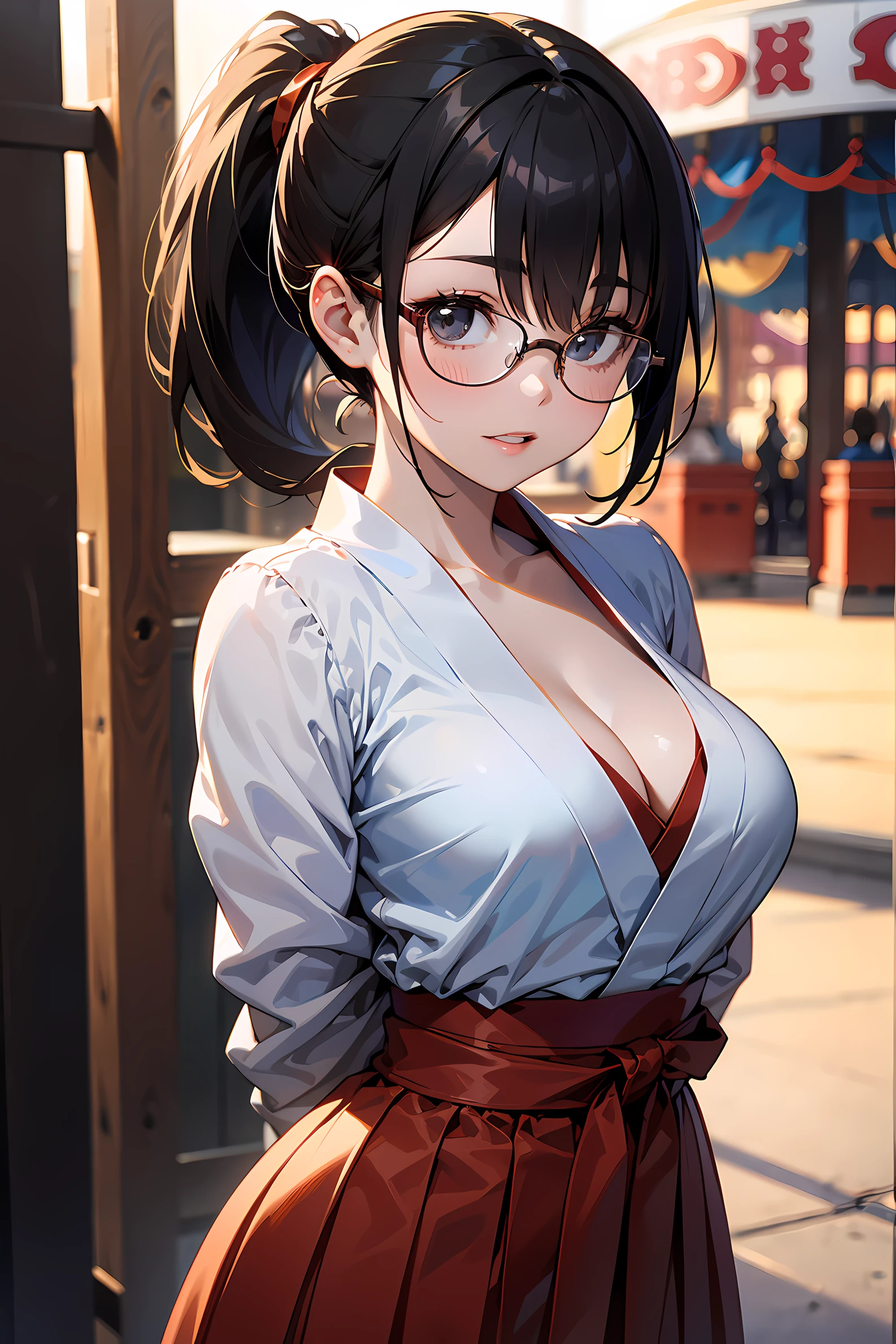 high resolution, Photo of a beautiful woman detailed_face, young handsome girl,realistic:0.5, perfect skin, (wearing a glasses:1.5), (ultra-detailed background, detailed background), bokeh, make happy expressions, happy emotion, gorgeous,pure, beautyfull detailed face and eyes,breasts, (black eyes:1.1), (a extremely pretty and beautiful Japanese woman), (sexy girl), (professional attire:1.3), (22 years old: 1.1), BREAK, (miko outfit:1.2), (Japanese clothes:1.2), (white dogi:1.2), (red hakama:1.2), (leather boots))), cleavage, beautiful detailed skin, (cute:1.2), (blonde hair), ((jpop idol)), (upper thigh:0.6), (depth of field),soft light, Lens Glow looking at viewer, (Drooping eyes:1.2), straight teeth,smile, floating hair, (blond hair:1.2), brown eyes BREAK movie scene, cinematic, full colors, 4k, 8k, 16k, RAW photo, masterpiece, professionally color graded, professional photography, high school girl, hair up, , soft clean focus, realistic lighting and shading, (an extremely delicate and beautiful art)1.3, elegant,active angle,dynamism pose BREAK (ponytail:1.3), (shiny-black thin hair:1.2), bangs, dark brown eyes, beautiful eyes, princess eyes, (big eyes:1.3), bangs, wearing a glasses:1.3, Hair between eyes, short hair:1.3, (slender:1.1), (medium-breasts:0.95), (thin waist: 1.15), (detailed beautiful girl: 1.4), Parted lips, Red lips, full-make-up face, (shiny skin), ((Perfect Female Body)), (upper body image:1.3), Perfect Anatomy, Perfect Proportions, (most beautiful Korean actress face:1.3, extremely cute and beautiful Japanese actress face:1.3), ,(1glasses girl:1.3, solo), ,(blush:1.1), gray background, solo focus, (bust shot:1.2), cinematic light, (nostalgic night scene:1.4), (amusement park:1.4), (merry-go-round、the Ferris wheel、rollercoaster), (arms behind back :1.4), (looking at viewer:1.2