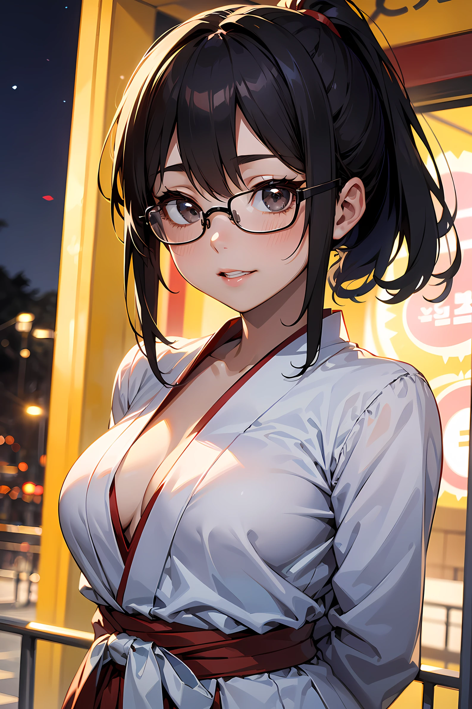 high resolution, Photo of a beautiful woman detailed_face, young handsome girl,realistic:0.5, perfect skin, (wearing a glasses:1.5), (ultra-detailed background, detailed background), bokeh, make happy expressions, happy emotion, gorgeous,pure, beautyfull detailed face and eyes,breasts, (black eyes:1.1), (a extremely pretty and beautiful Japanese woman), (sexy girl), (professional attire:1.3), (22 years old: 1.1), BREAK, (miko outfit:1.2), (Japanese clothes:1.2), (white dogi:1.2), (red hakama:1.2), (leather boots))), cleavage, beautiful detailed skin, (cute:1.2), (blonde hair), ((jpop idol)), (upper thigh:0.6), (depth of field),soft light, Lens Glow looking at viewer, (Drooping eyes:1.2), straight teeth,smile, floating hair, (blond hair:1.2), brown eyes BREAK movie scene, cinematic, full colors, 4k, 8k, 16k, RAW photo, masterpiece, professionally color graded, professional photography, high school girl, hair up, , soft clean focus, realistic lighting and shading, (an extremely delicate and beautiful art)1.3, elegant,active angle,dynamism pose BREAK (ponytail:1.3), (shiny-black thin hair:1.2), bangs, dark brown eyes, beautiful eyes, princess eyes, (big eyes:1.3), bangs, wearing a glasses:1.3, Hair between eyes, short hair:1.3, (slender:1.1), (medium-breasts:0.95), (thin waist: 1.15), (detailed beautiful girl: 1.4), Parted lips, Red lips, full-make-up face, (shiny skin), ((Perfect Female Body)), (upper body image:1.3), Perfect Anatomy, Perfect Proportions, (most beautiful Korean actress face:1.3, extremely cute and beautiful Japanese actress face:1.3), ,(1glasses girl:1.3, solo), ,(blush:1.1), gray background, solo focus, (bust shot:1.2), cinematic light, (nostalgic night scene:1.4), (amusement park:1.4), (merry-go-round、the Ferris wheel、rollercoaster), (arms behind back :1.4), (looking at viewer:1.2