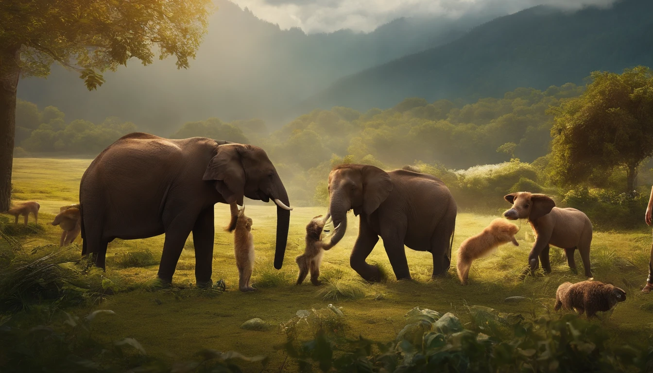 A scene of humans caring for the Earth and animals, .