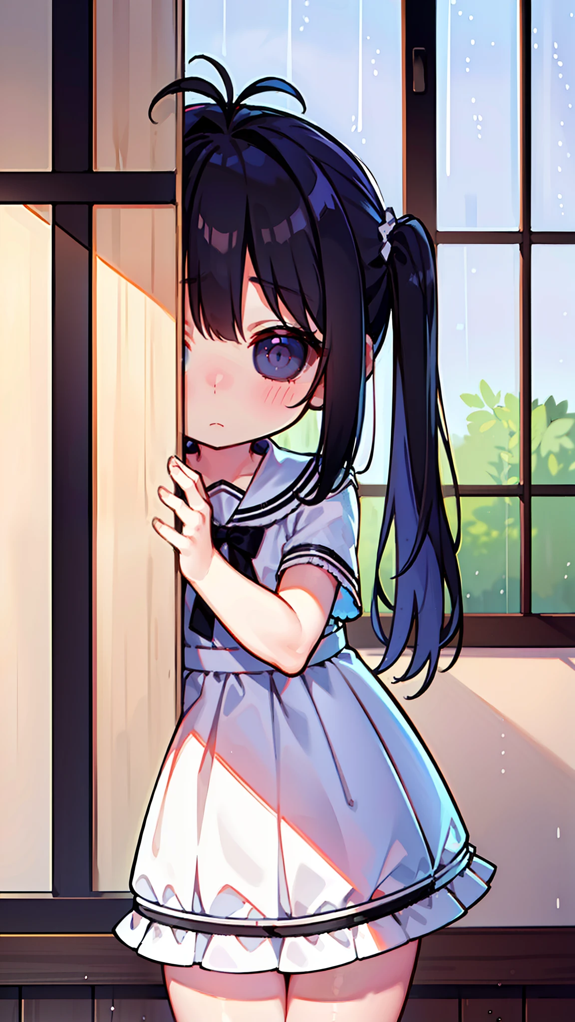 (Original Character,8k, Masterpiece, Best Quality,Detailed,solo),((1loli girl,4 )),small,little white dress,black hair,long hair,(((hair 2antenna))),black eyes,black sclera,twintails,loli,solo,cute,shy,blush,cowboy shot,((In your room looking out the window at the rain at night)),((night))
