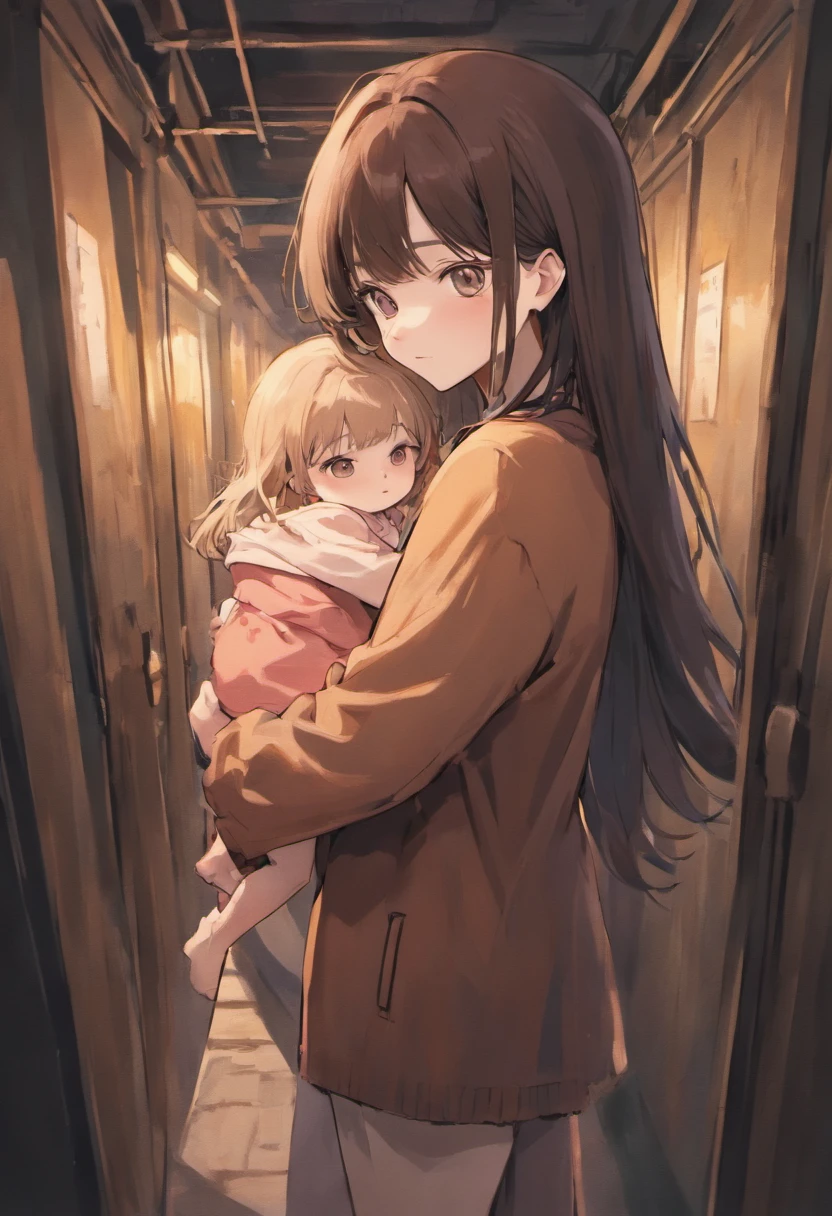 a mother with brown hair, bangs and brown clothes holding her  girl, long hair, black hair, bangs and pink newborn clothes in her arms standing in nursery at night