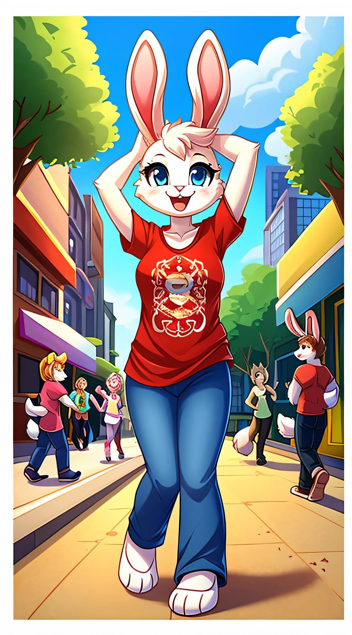 fantasy style art, cute, adorable, attractive, fluffy female white bunny with blue eyes, attractive figure, skinny and shapely body, fully clothed, chaste, 4 ears, 2 extra ears, big floppy ears, long ears, ears perked up, raised ears, long eyelashes, red t-shirt with flower design, ankle length blue jeans, walking down a crowded city street, big expressive smile, open mouth, wide eyes, looking on in wonder, excited eyes, excited face, street filled with anthropomorphic bunny people, many anthro bunnies, stunning visuals, sunny day, digital illustration