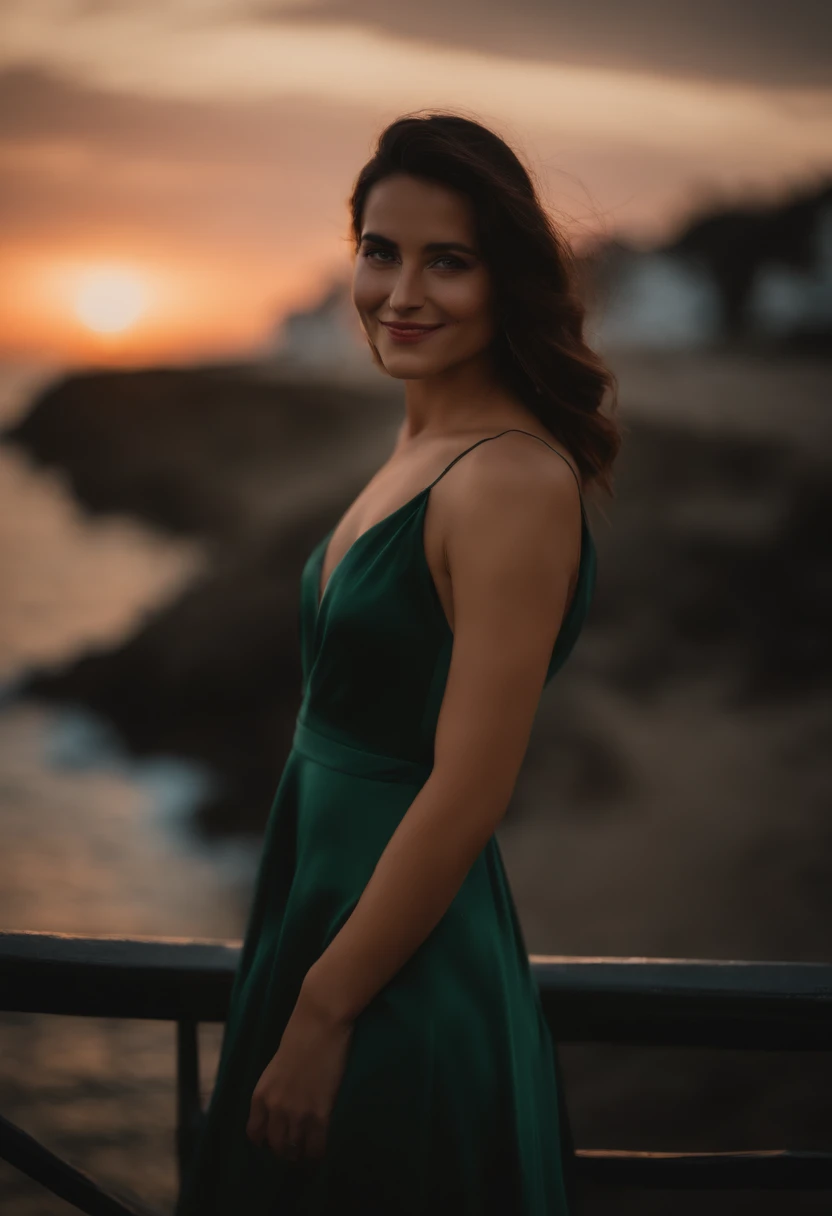 A girl who has black lob hair and green eyes. She is wearing a black low back dress, and black heeled shoes. She has a casual necklase. She is looking at the camera over her shoulder, but her body is facing the sea, and she is smiling. And the weather is sunset.