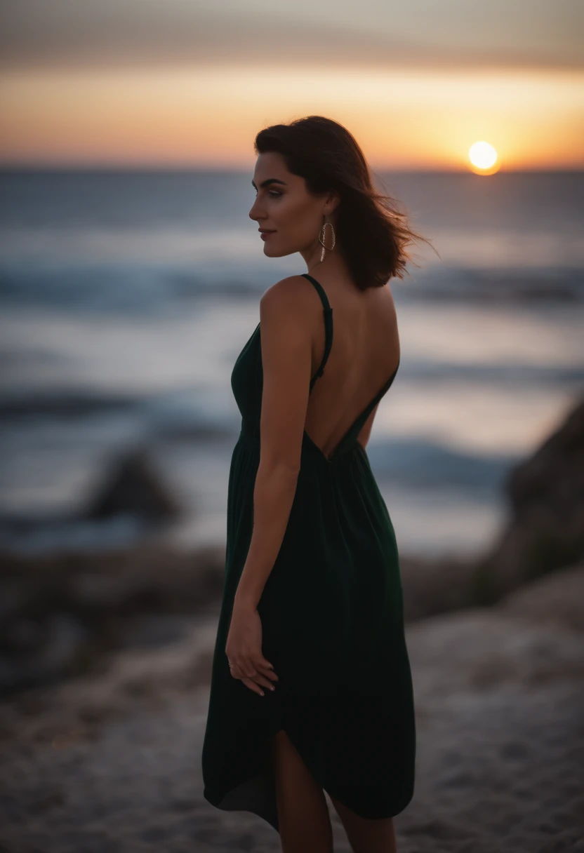 A girl who has black lob hair and green eyes. She is wearing a black low back dress, and black heeled shoes. She has a casual necklase. She is looking at the camera over her shoulder, but her body is facing the sea, and she is smiling. And the weather is sunset.