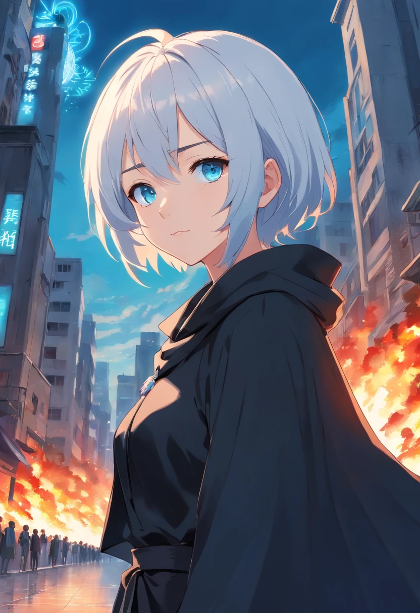 A young ager in black clothes, with light blue eyes, with white hair, with a black cape on top of a building in his left hand, a burning red rose;