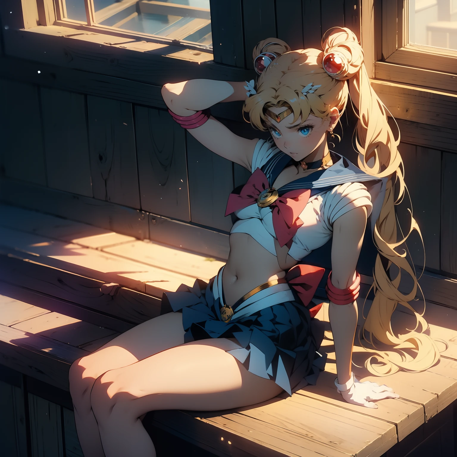 (masterpiece, best quality ) (sailor moon) aausagi, blonde, ywllow hair, hands chained to the ceilling, lifting arms above head, double bun, twintails, parted bangs, circlet, jewelry, earrings, choker, red bow, white gloves, elbow gloves, blue skirt style, red bow, blue eyes, visible bellybutton, underboob, sitting on a window sill with a black bra and cuffs, wrapped in leather straps, leather cuffs around wrists, restrained, harnesses and garters, handcuffed, handcuffs, dominant pose, sexy dominant pose,