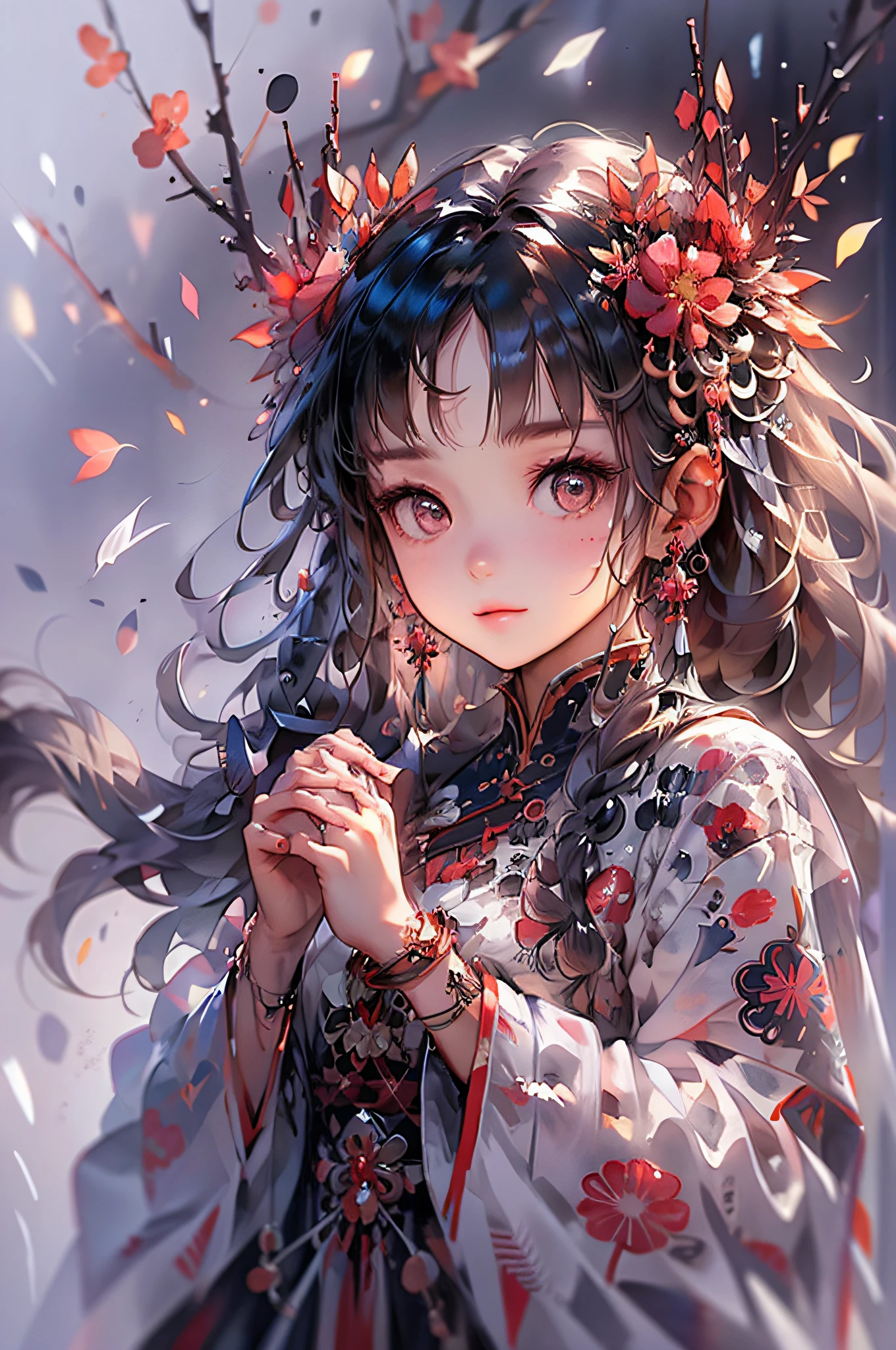 1 girl, As duas curvas parecem franzir a testa,A pair of eyes that seem to be happy or not。It's a state of sadness,Pampered disease。Teary,Ofegante ligeiramente。Idleness is like a beautiful flower,The action is like a weak willow holding up the wind。The mind is more than the dry,Sick like Xizi gets three points。textura natural da pele,realismo ultrarrealista,A luz suave,Sharp,master part, best quality, ultra-detalhado, Melhor sombra,8k,Zemaranhar, mandala, emaranhado, emaranhar
