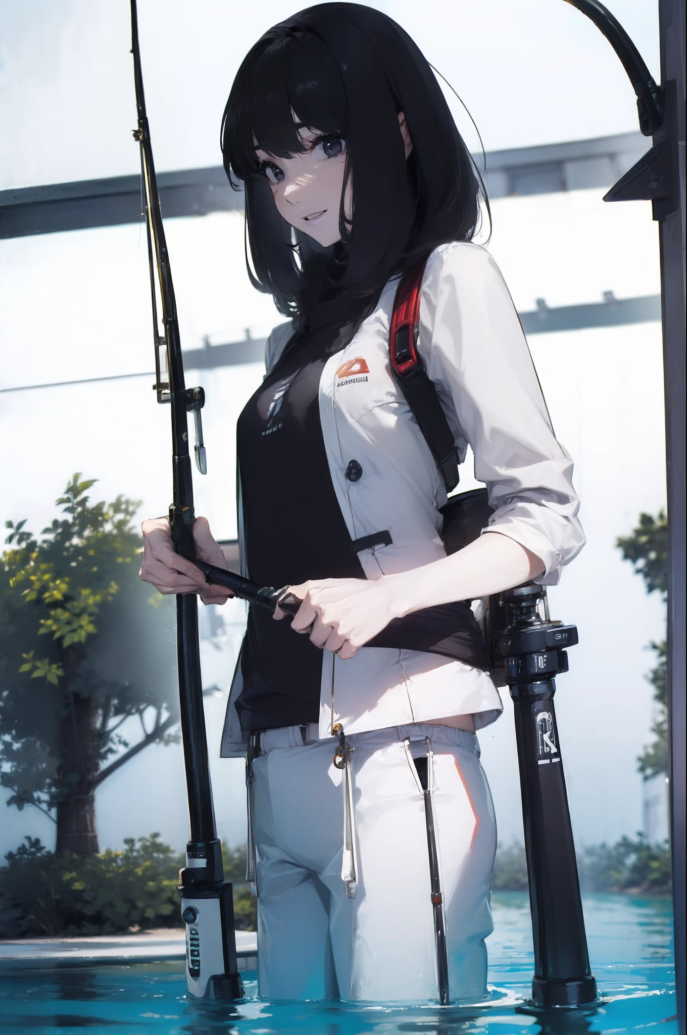 ((((Have a fishing rod with a reel:1.5)))),((Female 28 years old)),((Best Quality:1.5)),(((Fine fingers、Ratio 4 fingers and 1 thumb,detailed arms,detailed human hands))),(((Hands with the correct number and structure of fingers:1.4))),((Lakeside:1.37)),hight resolution,ultra-detailliert,​masterpiece,best qualtiy,(Eight-headed body),(1 fishing rod,Holding a fishing rod in your hand,Fishing lure rod,Fishing Reels,Long Sleeve Outdoor Vest,Long pants for fishing,Big backpack),thin and long legs,Beautiful hip line,Beautiful spine,constricted back,Toned waist,beutiful breast),,Gentle smile,shiny lip,(1 fishing rod,Straight stretch fishing rod,Long fishing rod,Woman fishing with fishing rod in hand),Black hair, long eyeslashes, Solid Circle Eyes, drop shadow, Atmospheric perspective,Super Detail, ccurate, small brest,top-quality, blurry backround, bokeh dof:1.2, (​masterpiece:1.3), Atmospheric perspective,Super Detail,dynamic compositions, Ultra High Quality,