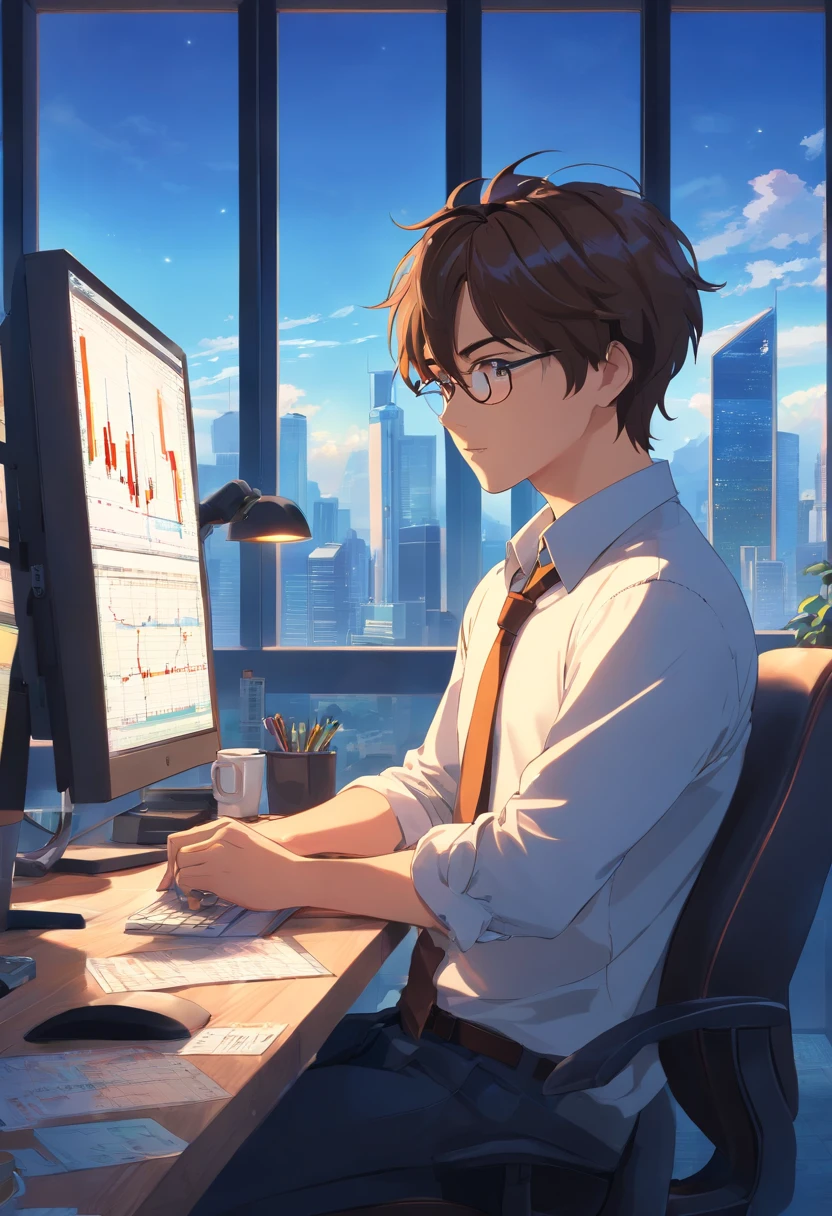 There's a realistic man sitting at a desk with six computer monitors, displaying stock charts, trading stocks, with coffee on desk, glass wall with skyline view, realistic art, 8k quality