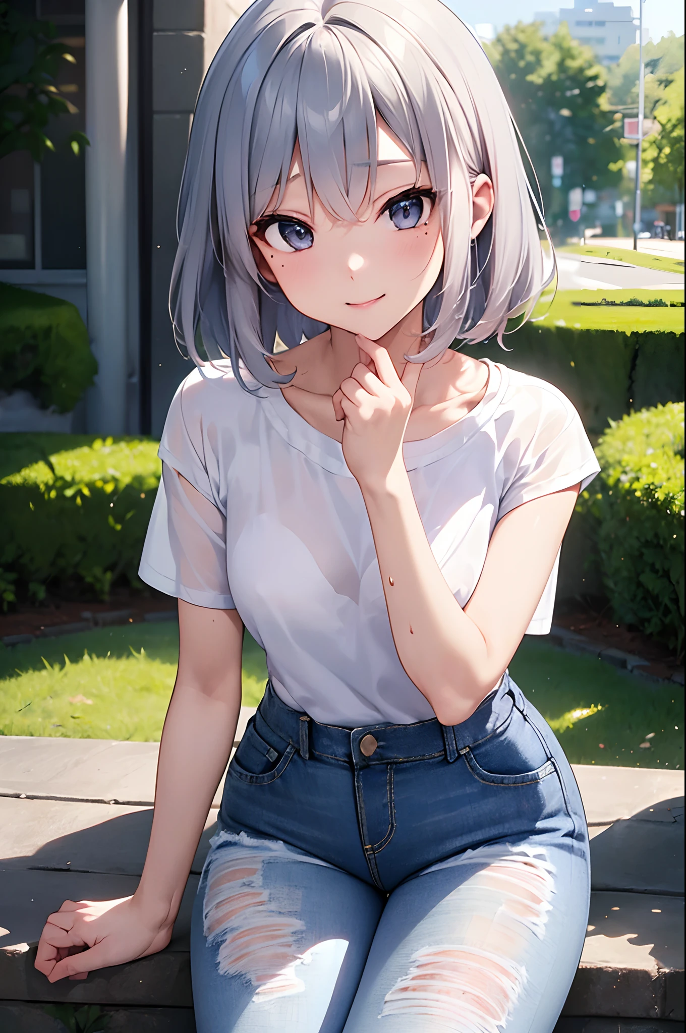 (Girl with a nasty appearance:1.3)、(Private:1.5)、(and chest:1.4)、Raw photography, top-quality, hight resolution, (masterpiece), (Photorealsitic:1.4), (Mole under the eyes),Anime Cosplay, foco nítido, nffsw, 8K分辨率, intricate detailes, depth of fields, the Extremely Detailed CG Unity 8K Wallpapers, front lit, femele,35 year old、 Pleasant smile、(all-fours:1.5)、see -through、(Medium short silver hair)、(a park:1.1),(White t-shirt and denim pants:1.3)、(M-shaped legs:1.3)、white knee highs
