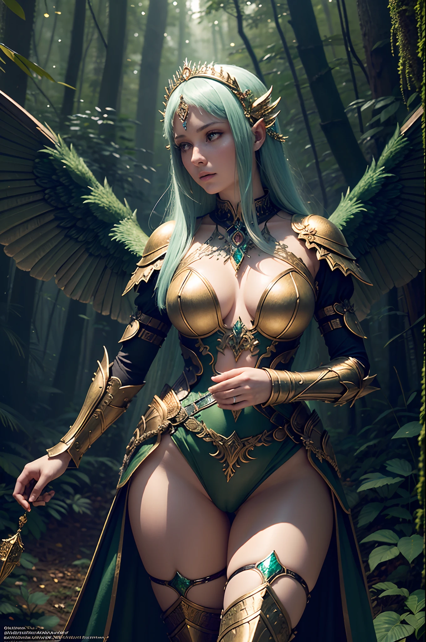 Guardian of the Enchanted Grovean armored woman with iridescent, wing-like pauldrons, standing tall amidst an ethereal grove of towering, luminescent mushrooms, the forest floor covered in sparkling dewdrops, a mystical aura emanating from her presence, the air filled with a soft, golden glow, captured through a hyper-realistic digital painting with a focus on intricate details and a seamless blend of natural and magical elements, rendered using a combination of Blender and Photoshop.
