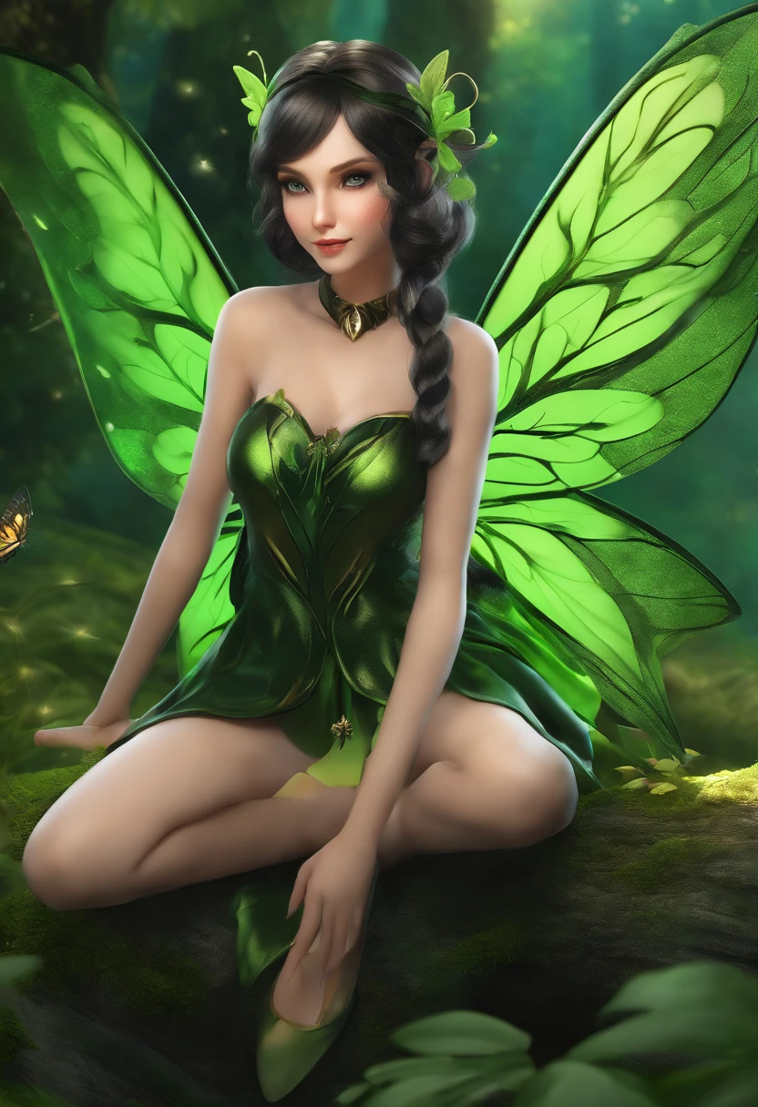 Anime girl in green and black costume on wings and green background, pixie character, fairy, forest fairy, insect trainer girl, brunette elf with fairy wings, pixie, cute 3d anime girl rendering, April rendering, fairy dance, open legs