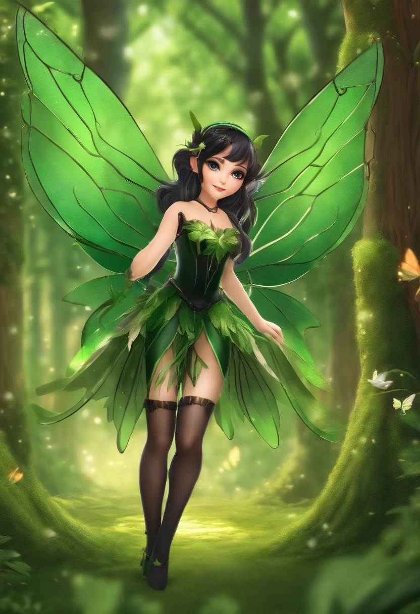 Anime girl in green and black costume on wings and green background, pixie character, fairy, forest fairy, insect trainer girl, brunette elf with fairy wings, pixie, cute 3d anime girl rendering, April rendering, fairy dance, open legs