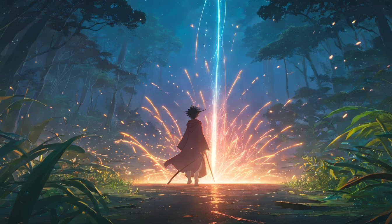 Imagine a wizard with many particles around him in an epic way, making a spell invocation in a terrifying jungle environment totally black, with blood on the ground, all at night., Sony A7R, Lente de 50 mm, Morning glow, 8k