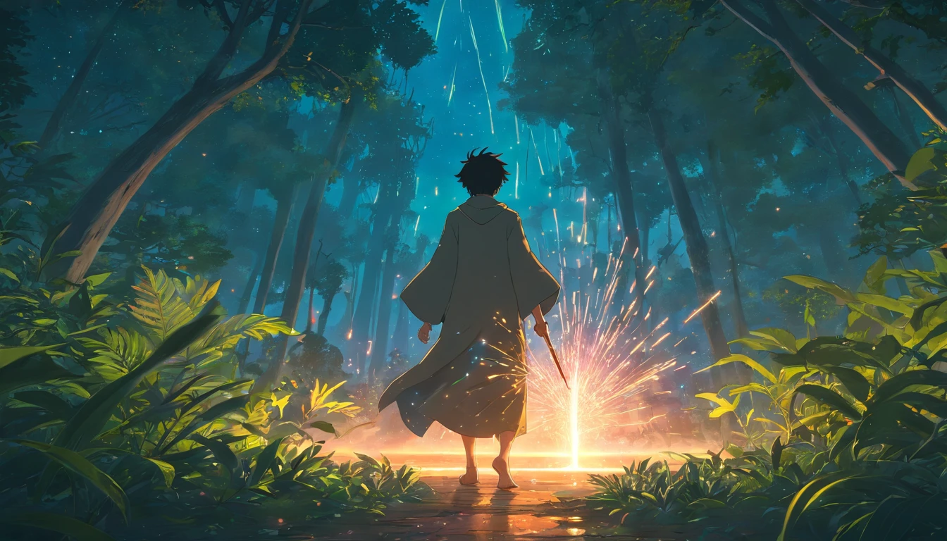 Imagine a wizard with many particles around him in an epic way, making a spell invocation in a terrifying jungle environment totally black, with blood on the ground, all at night., Sony A7R, Lente de 50 mm, Morning glow, 8k