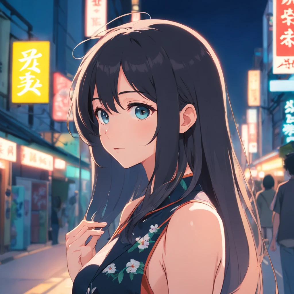 (Masterpiece, 1980's anime illustration:1.1), Girl in black sleeveless floral dress dress,20岁女孩,big gray eyes,Cherry small mouth,tall nose bridge,Melon seed face,Long face,Long black ponytail hair,Lots of hair,long whitr hair,The face is flushed,Tall and tall,The legs are slender,White and tender skin,The expression is shy,On the street,natta,blur backgroun,medium boob,the street lights,((k hd)),((4k画质)),独奏