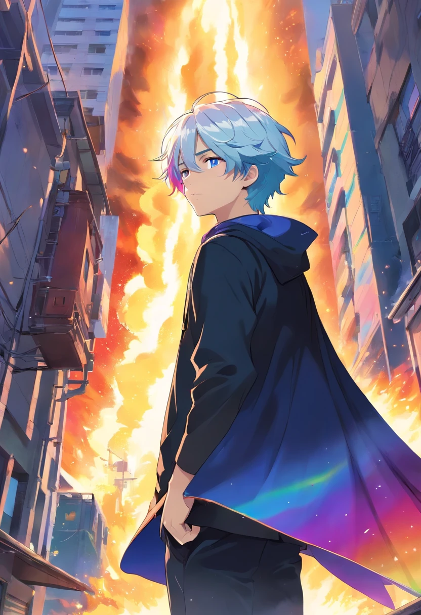 A young teenage man in black clothing with navy blue accents with a rainbow cape with white hair and colorful eyes on top of a burning black building