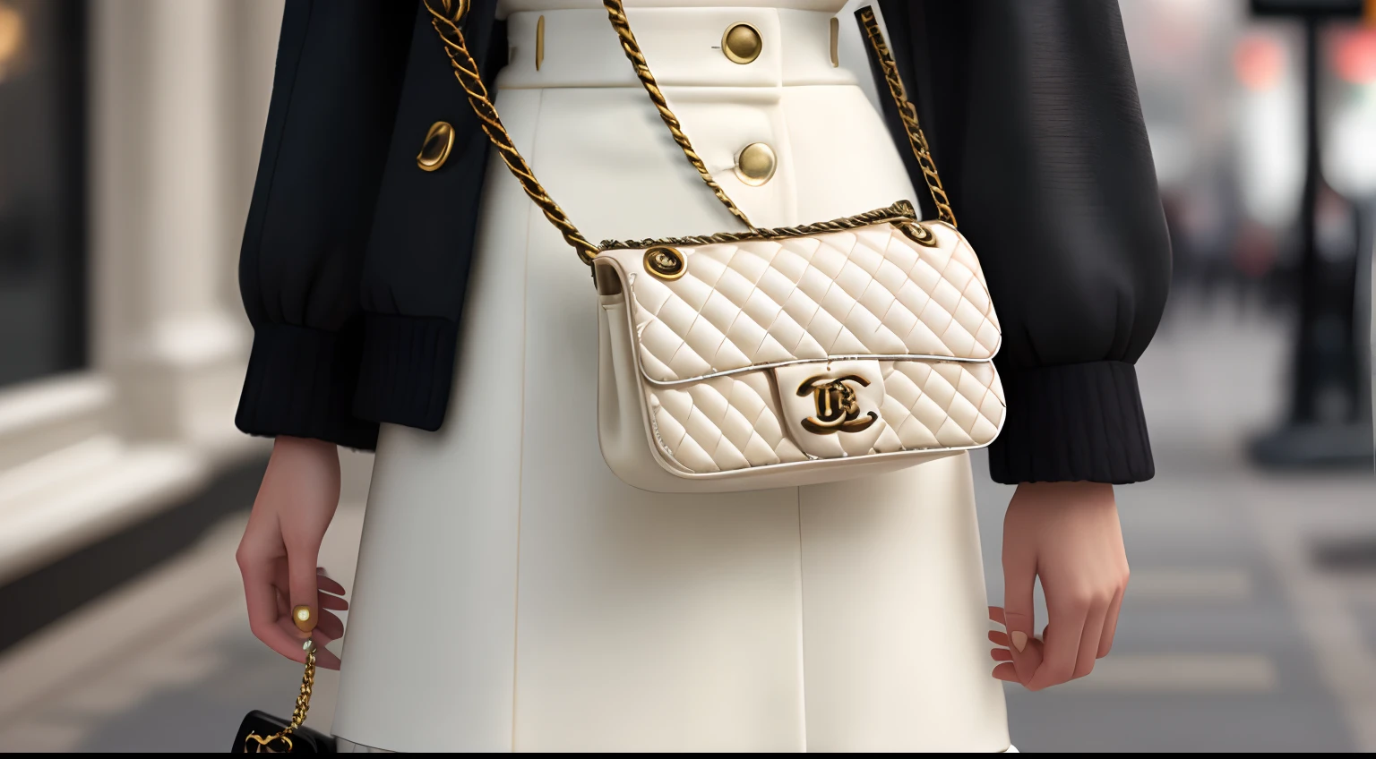 picture most stereotypical Chanel flap bag classic owner standing with a bag, very detailed, super perfect lighting, hair details, face details, outfit